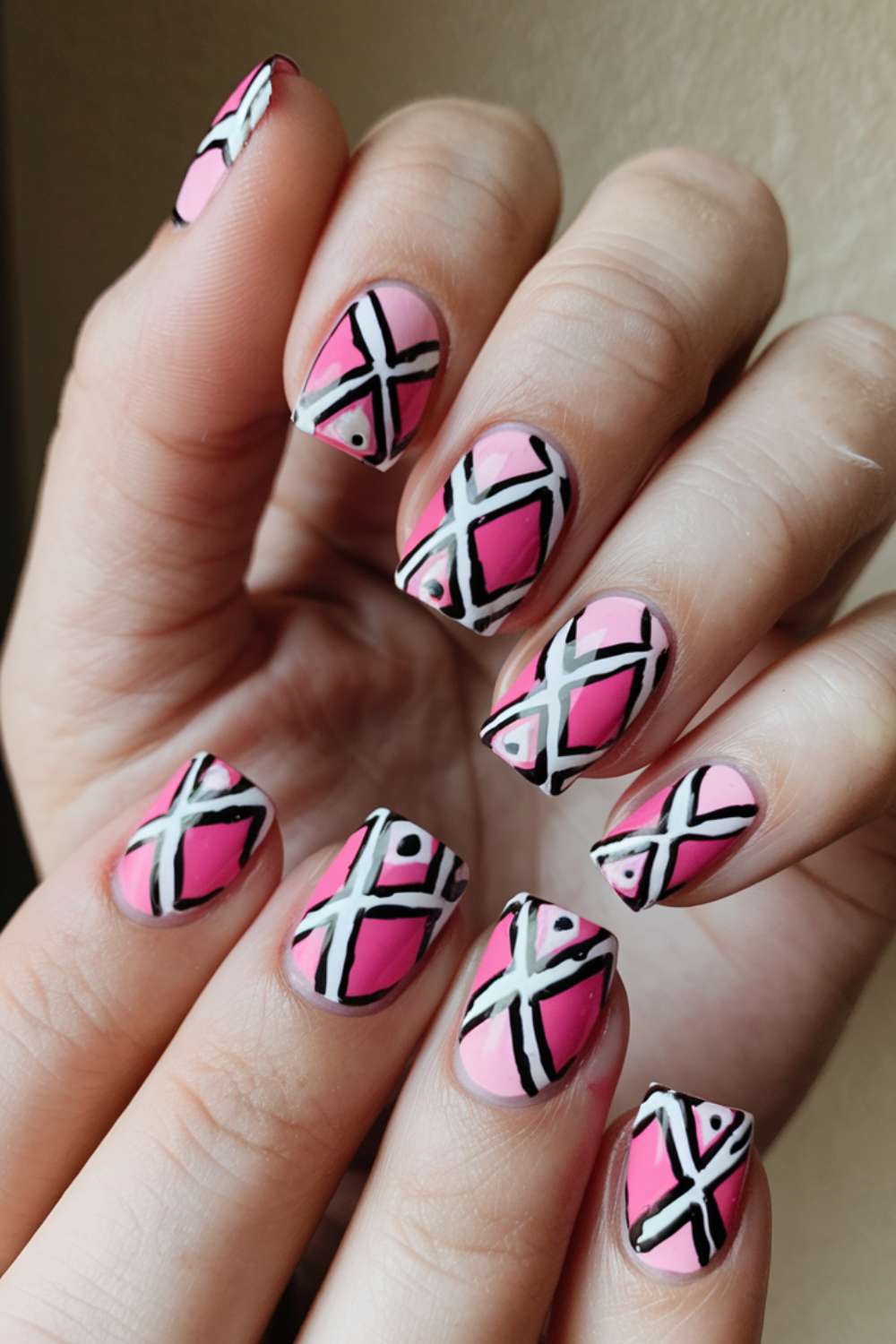 Striking Hot Pink Geometry nail art design