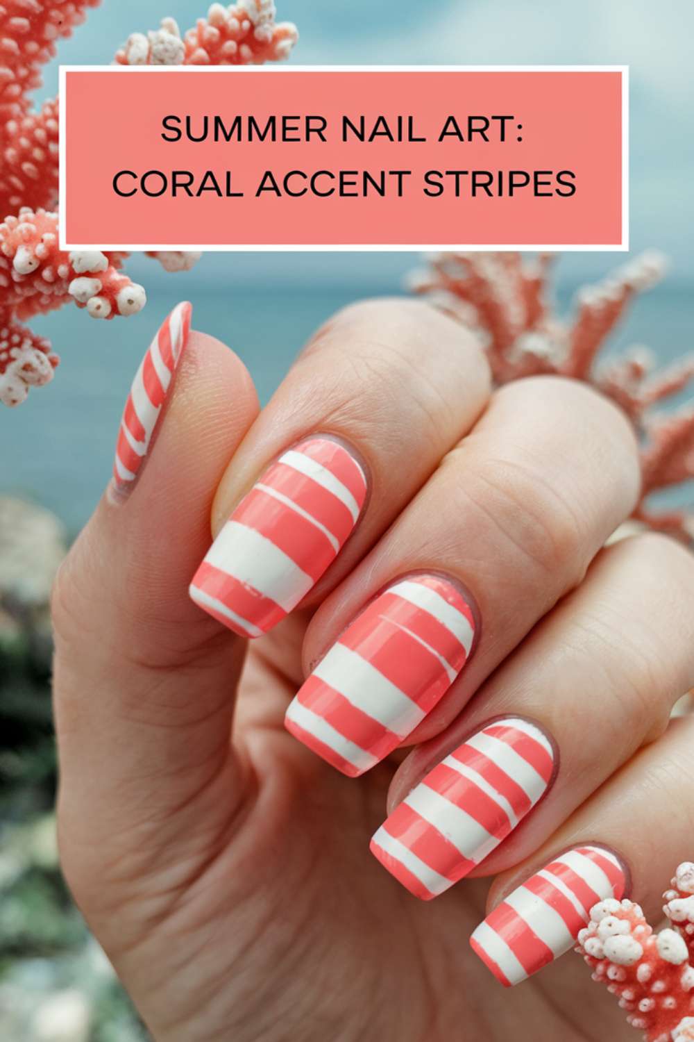 Summer - Coral Accent Stripes nail art design ideas