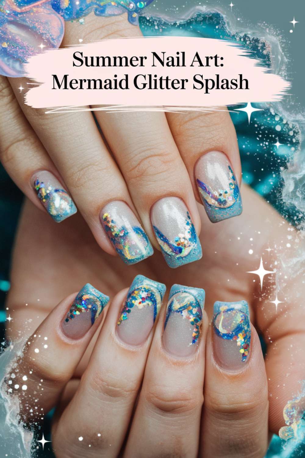 Summer - Mermaid Glitter Splash nail art design ideas