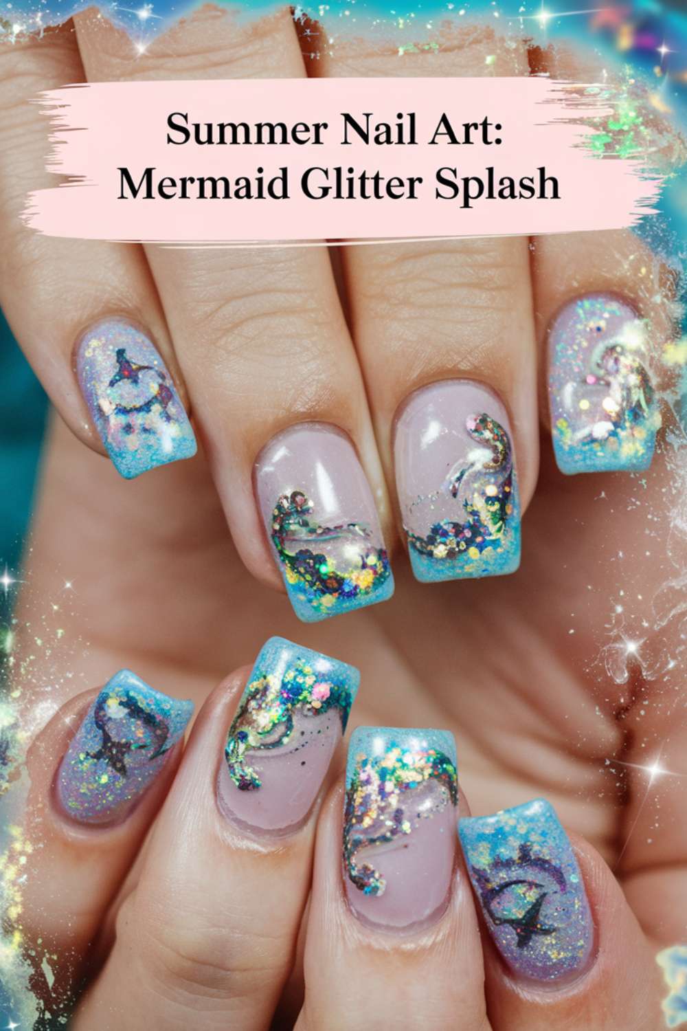 Summer - Mermaid Glitter Splash nail art design