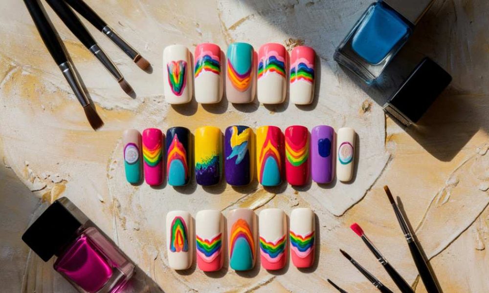 A variety of colorful false nail designs are arranged in rows. Some feature rainbow patterns, while others have abstract art. The scene is surrounded by nail polish bottles and brushes on a textured beige surface.