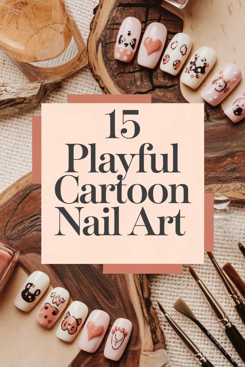 Cartoon Nail Art Designs feature playful patterns like hearts and animal faces, beautifully displayed on wooden slabs. The text reads 15 Playful Cartoon Nail Art. Nearby, brushes and nail polish bottles add to the creative scene.