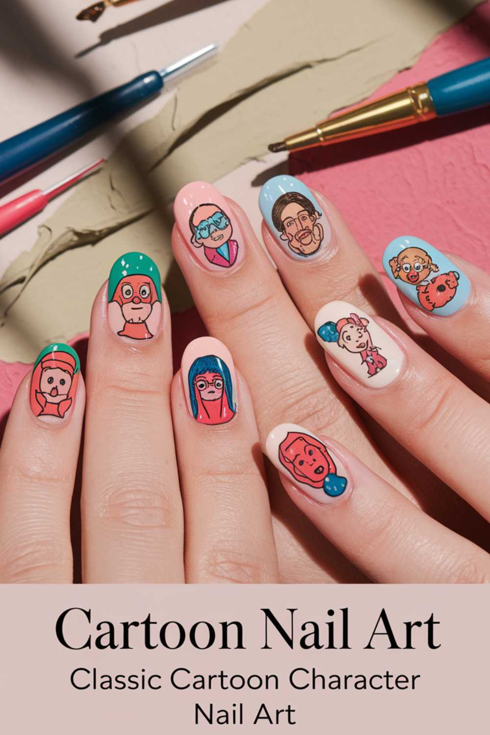 Close-up of hands with nails painted in pastel colors, showcasing detailed Cartoon Nail Art Designs featuring classic characters. The nails display various characters with playful expressions. Text at the bottom reads: Cartoon Nail Art - Classic Cartoon Character Nail Art.
