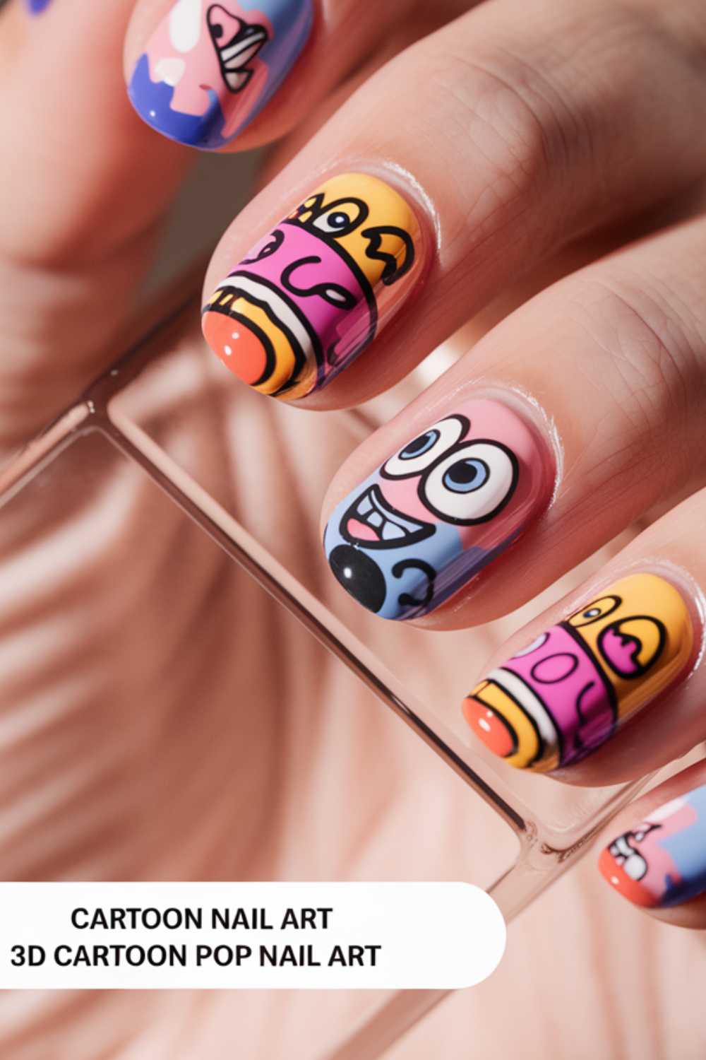 Close-up of a hand showcasing vibrant Cartoon Nail Art Designs. Each nail displays unique, colorful characters and patterns. The background is blurred, and text reads Cartoon Nail Art, 3D Cartoon Pop Nail Art.