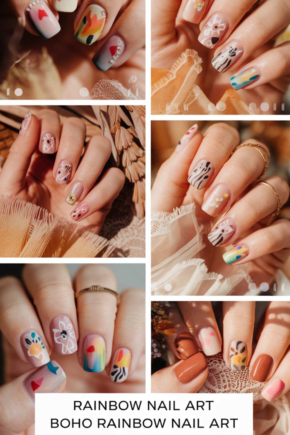 A collage of diverse rainbow nail art designs showcases abstract patterns and floral motifs in vibrant colors. The nails, paired with gold rings and soft fabric backgrounds, embody a boho style that celebrates the allure of Rainbow Nail Art.