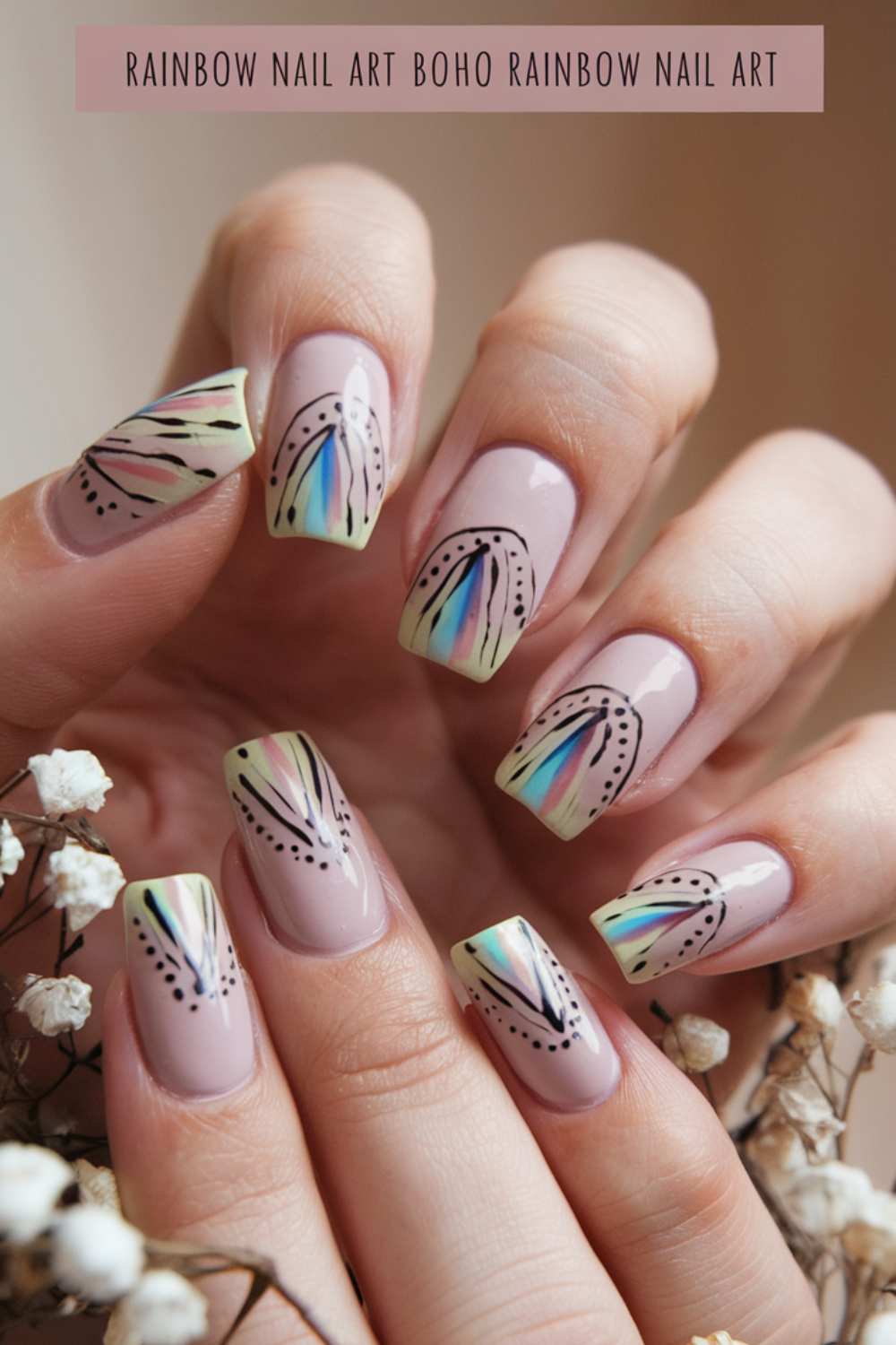 Close-up of hands showcasing rainbow nail art in a boho design. Each nail features colorful, wing-like patterns with black dots on a light pink base. Surrounding the hands are delicate white flowers.