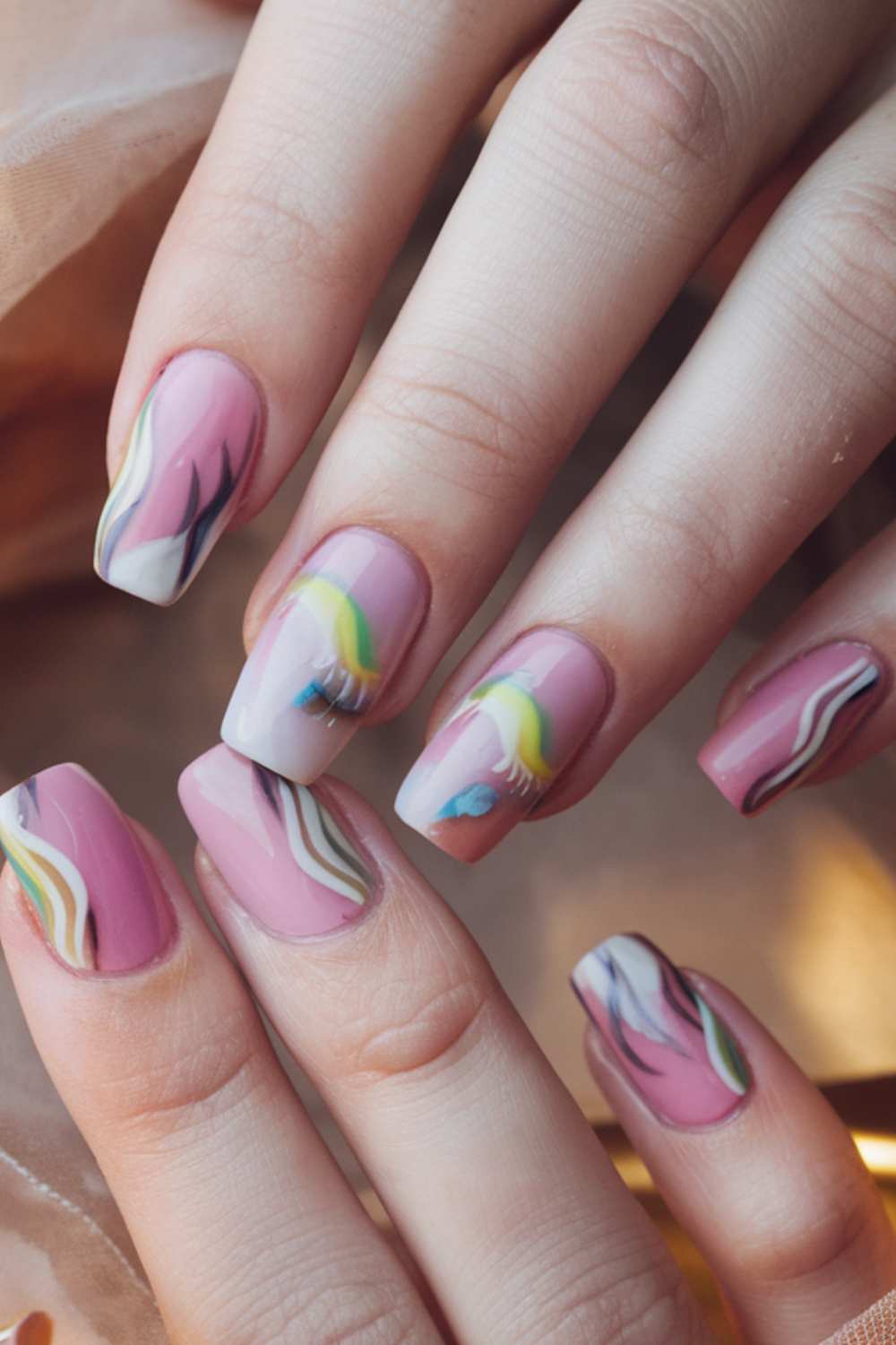 Close-up of hands with manicured nails showcasing exquisite rainbow nail art. The nails boast a pink base adorned with abstract, colorful swirls in white, yellow, blue, and purple on each nail.