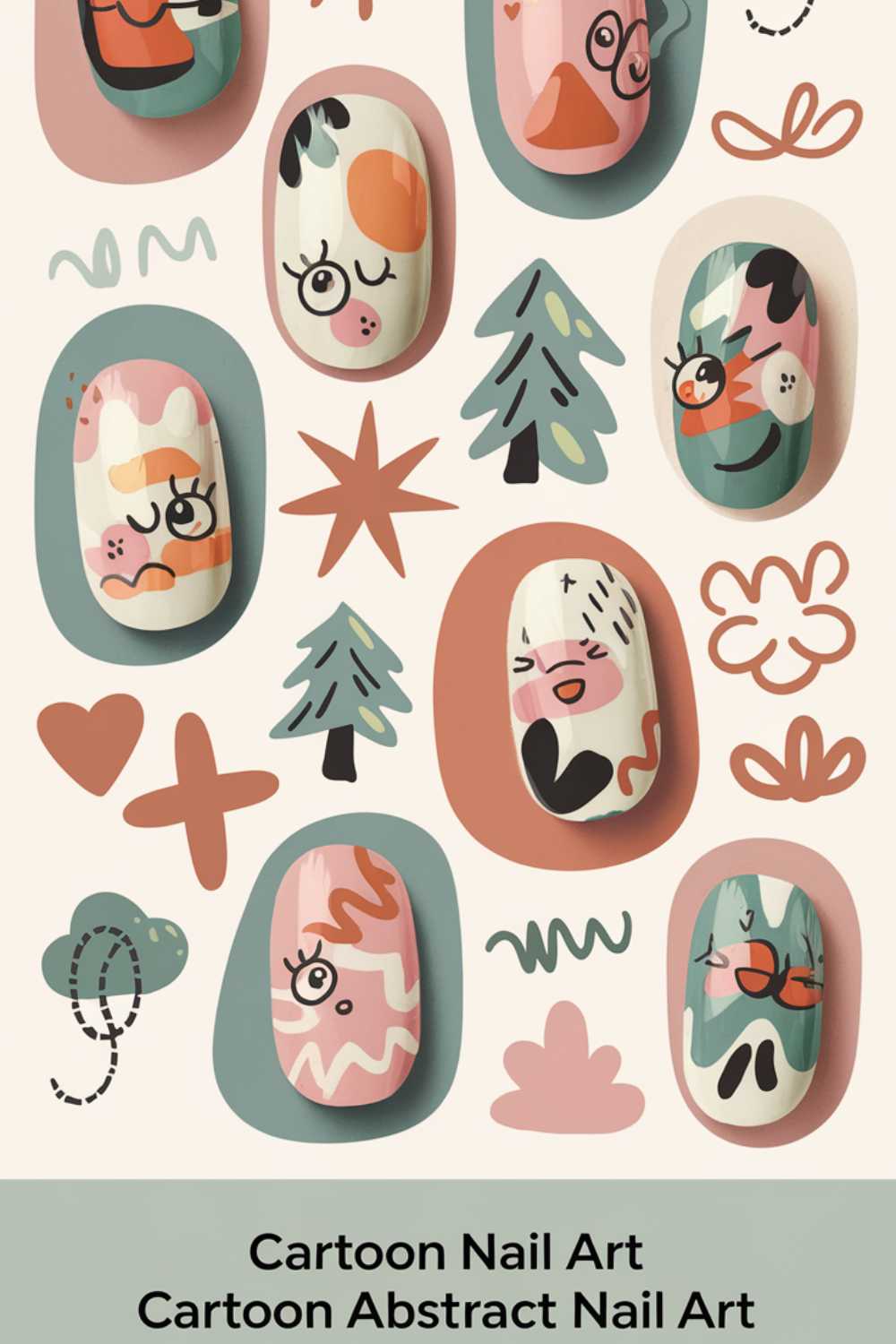 Cartoon Nail Art Designs showcase stylized nail art with cartoon faces and abstract shapes in pastel colors. Featuring trees, hearts, and stars, this playful blend reads: Cartoon Nail Art, Cartoon Abstract Nail Art.