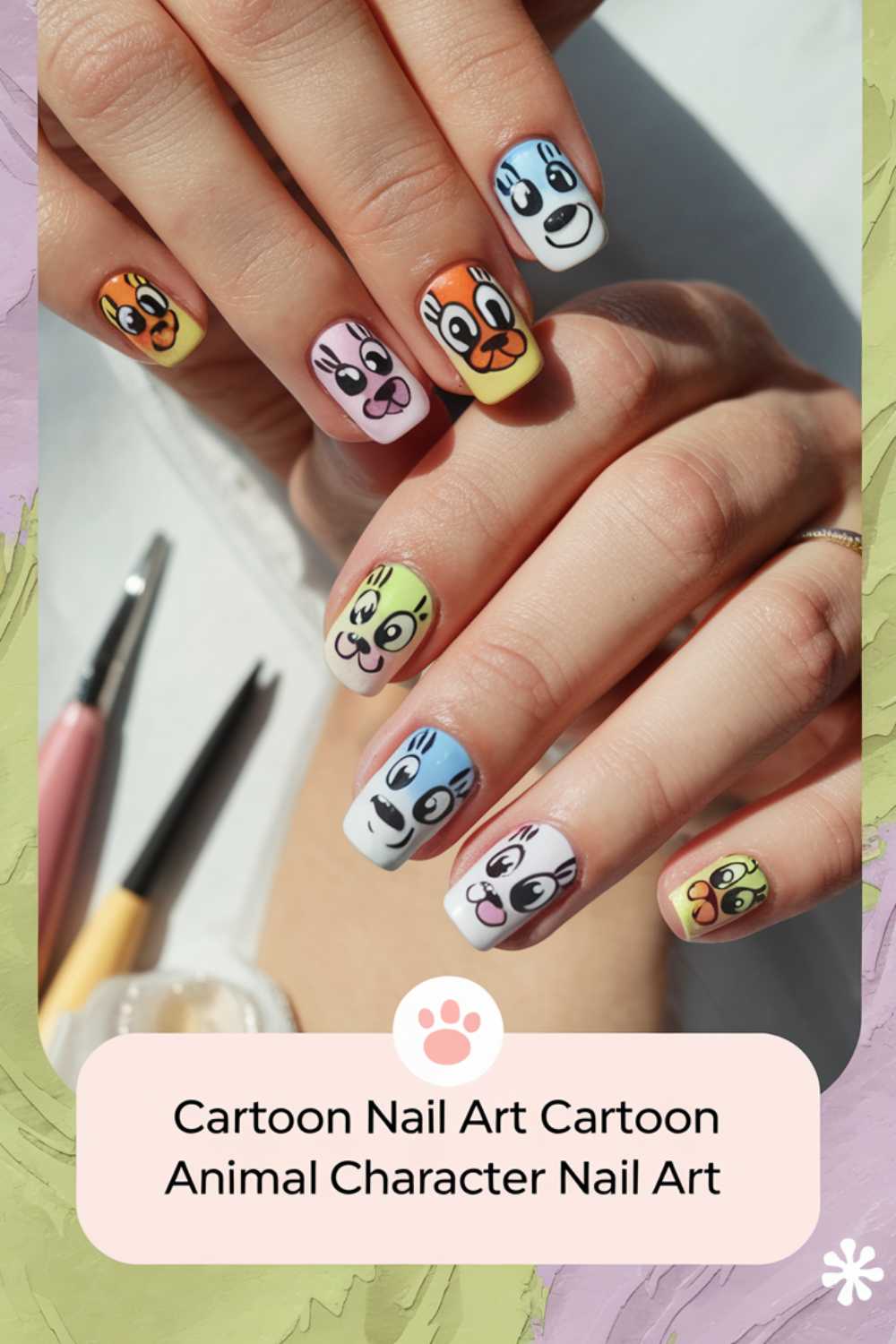 A hand exhibiting vibrant cartoon animal character nail art designs. Each nail presents a unique cartoon animal face against pastel-hued backgrounds. The image includes the text: Cartoon Nail Art Cartoon Animal Character Nail Art.
