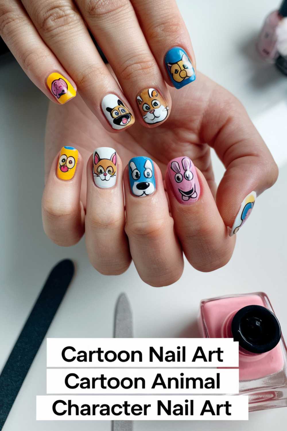 A hand showcases vibrant cartoon animal face nail art, featuring playful designs like a dog, cat, bunny, and bear. A pink nail polish bottle nearby reads Cartoon Nail Art Designs, highlighting the delightful array of cartoon animal character nail art.