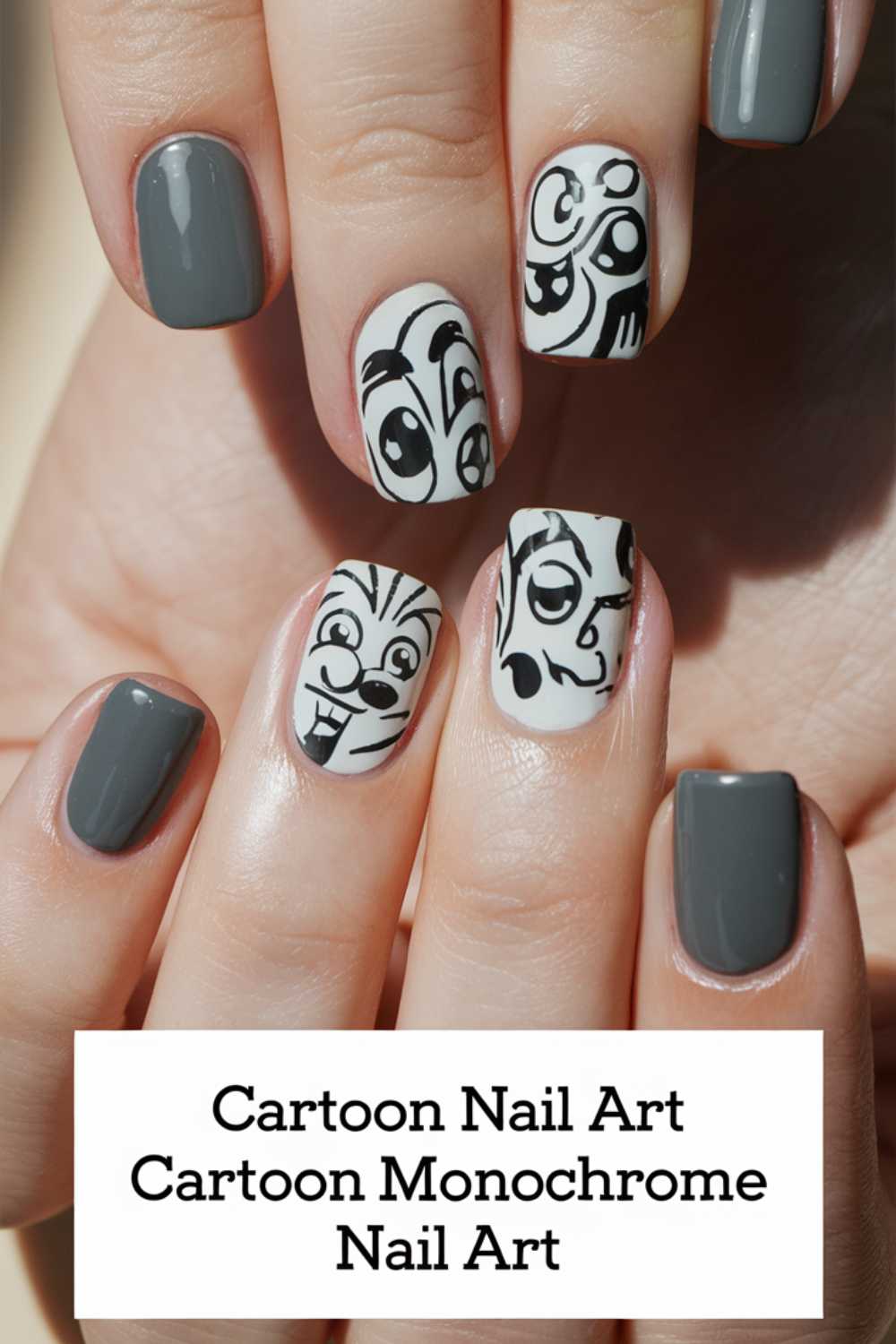 Fingers flaunt grey nail polish with two standout nails showcasing black and white cartoon faces, each with unique expressions. Text reads Cartoon Nail Art Designs, Cartoon Monochrome Nail Art.