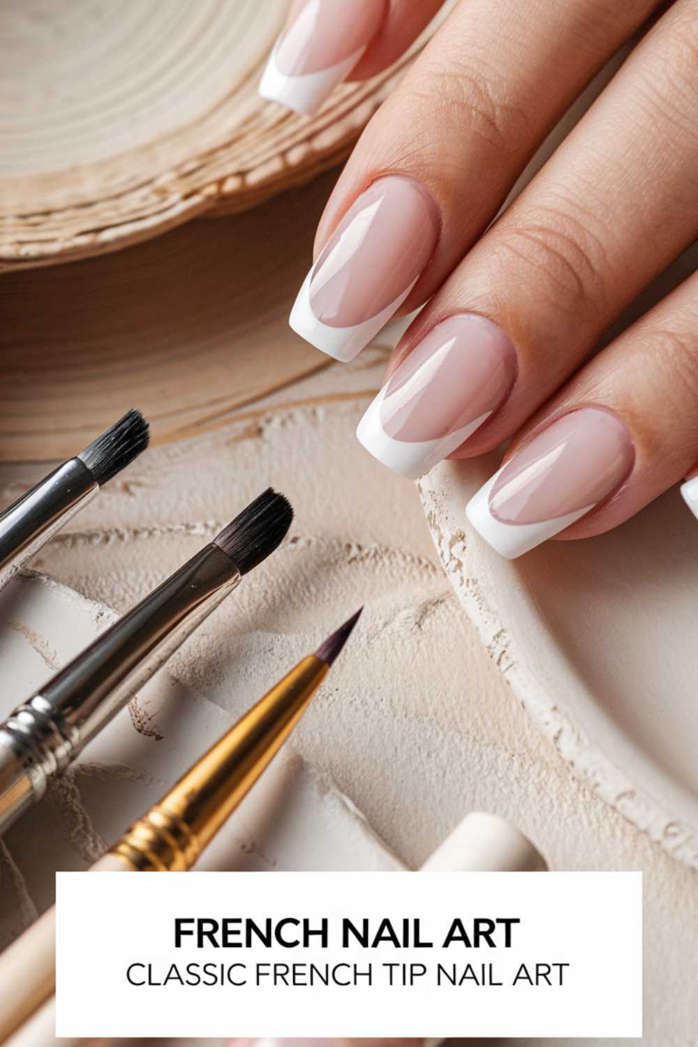 A hand with French manicure featuring white tips and glossy nude polish. Three nail art brushes are placed nearby on a light-colored textured surface. Text at the bottom reads French Nail Art: Classic French Tip Nail Art.