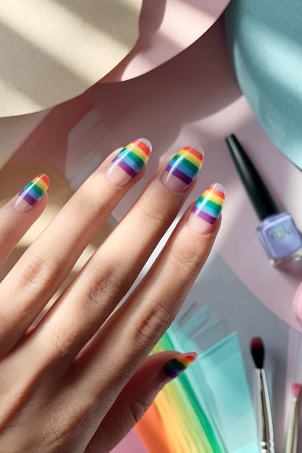 A hand with long nails painted in vibrant rainbow nail art rests on a light surface. Nearby, a bottle of lavender nail polish and various manicure tools add charm. Soft pastel colors surround the composition, creating a gentle and artistic atmosphere.