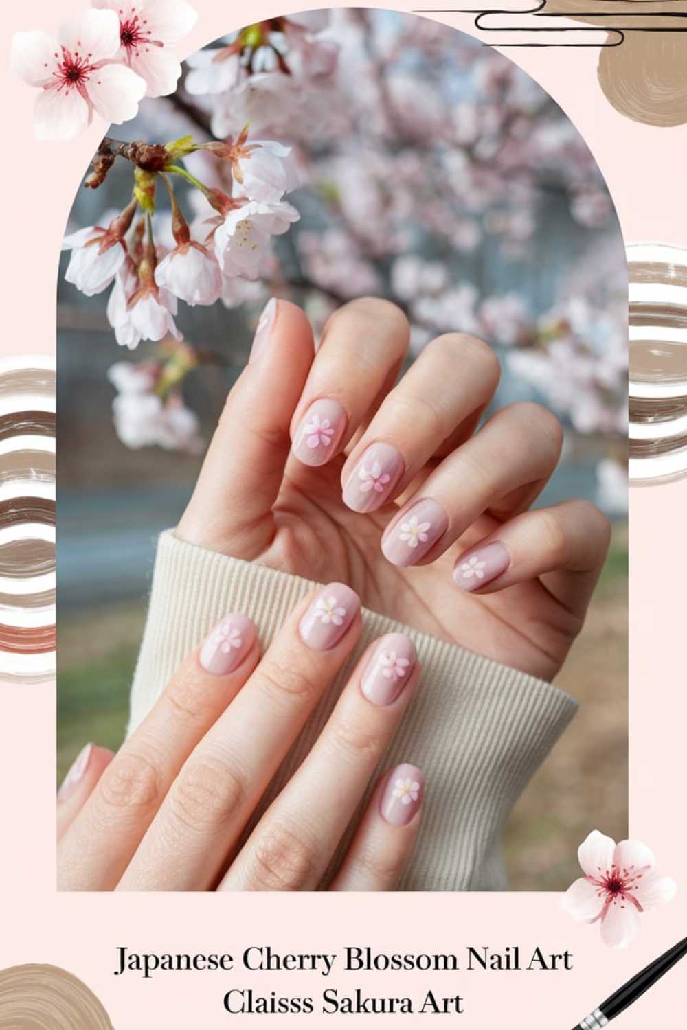 Close-up of hands with cherry blossom nail art. The nails feature pink flowers on a light background, matching the cherry blossoms in the background. The person is wearing a beige sweater. The image has decorative borders with flowers and swirls.