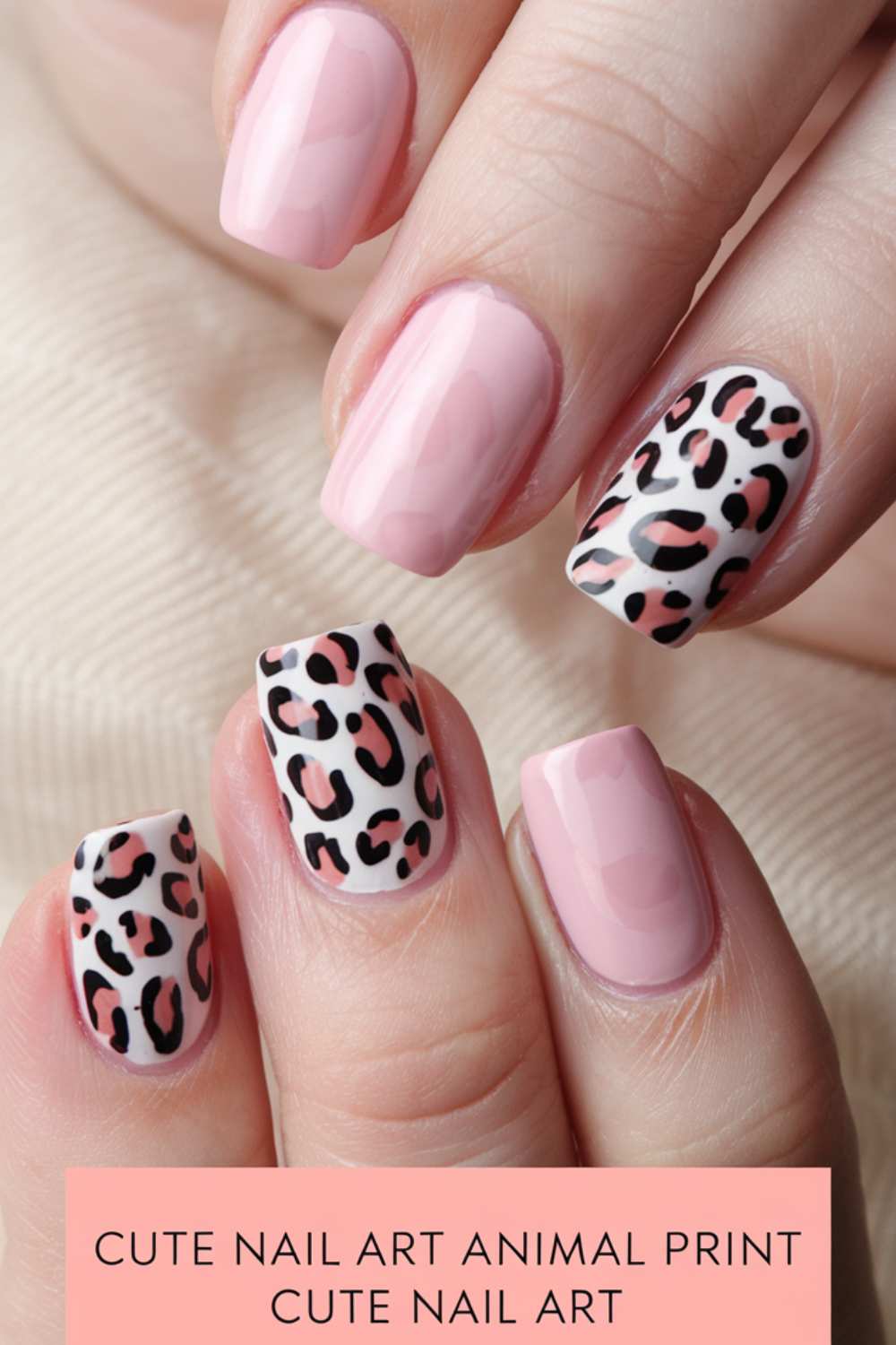 Close-up of a hand with manicured nails showcasing light pink polish and leopard print design. The two middle nails boast the animal print, while the others remain solid pink. Text at the bottom reads Cute Nail Art Animal Print Cute Nail Art, perfectly capturing this adorable nail trend.
