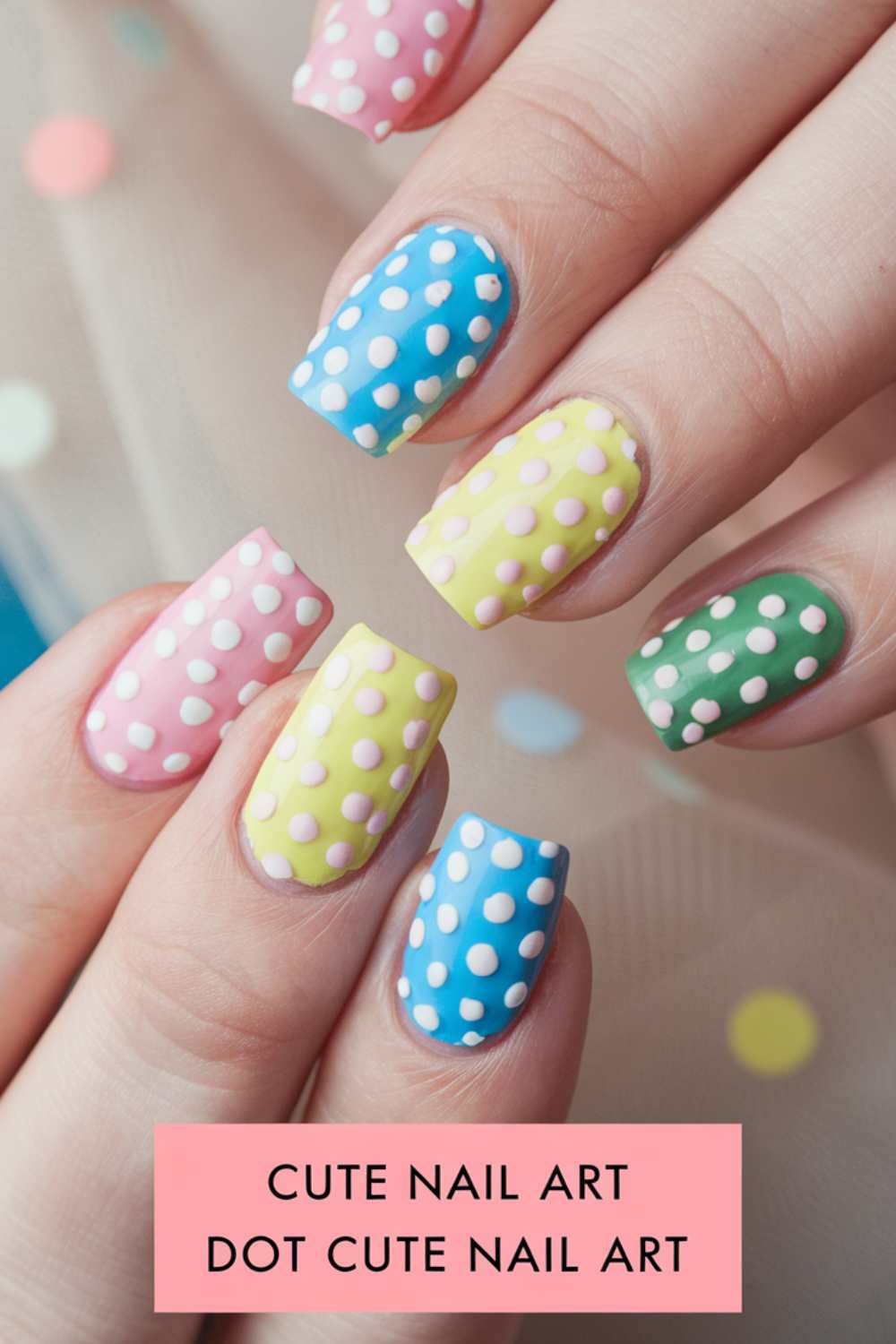 Fingers adorned with pastel nail polish boast playful polka dots in pink, blue, yellow, and green. Beneath them lies a pink card exclaiming CUTE NAIL ART DOT CUTE NAIL ART, perfectly capturing the essence of charming and whimsical nail designs.