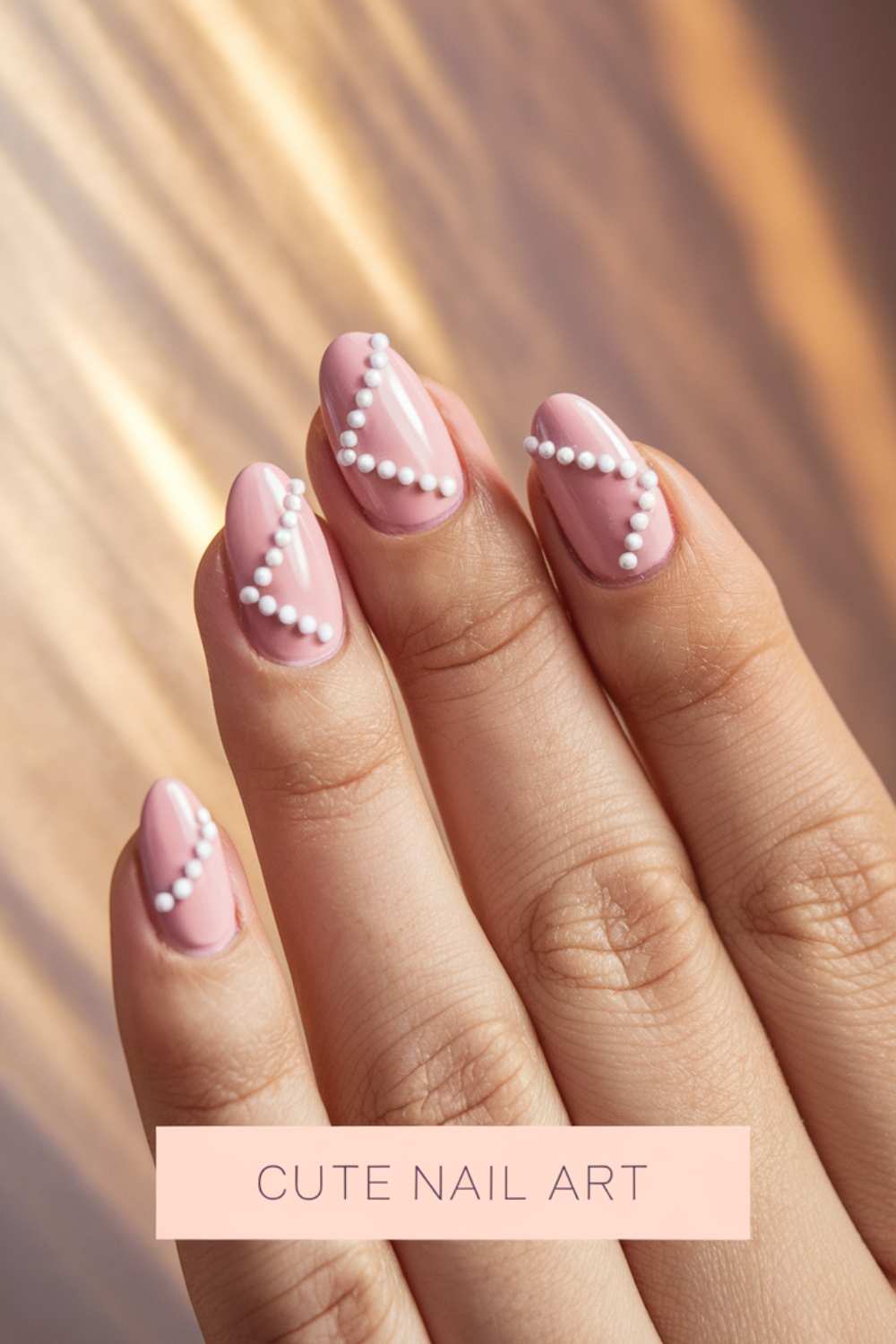 A hand with pastel pink nails, adorned with white pearl-like beads in diagonal lines, elegantly contrasts against a blurred background. The caption below proudly displays CUTE NAIL ART as a testament to the delightful design.