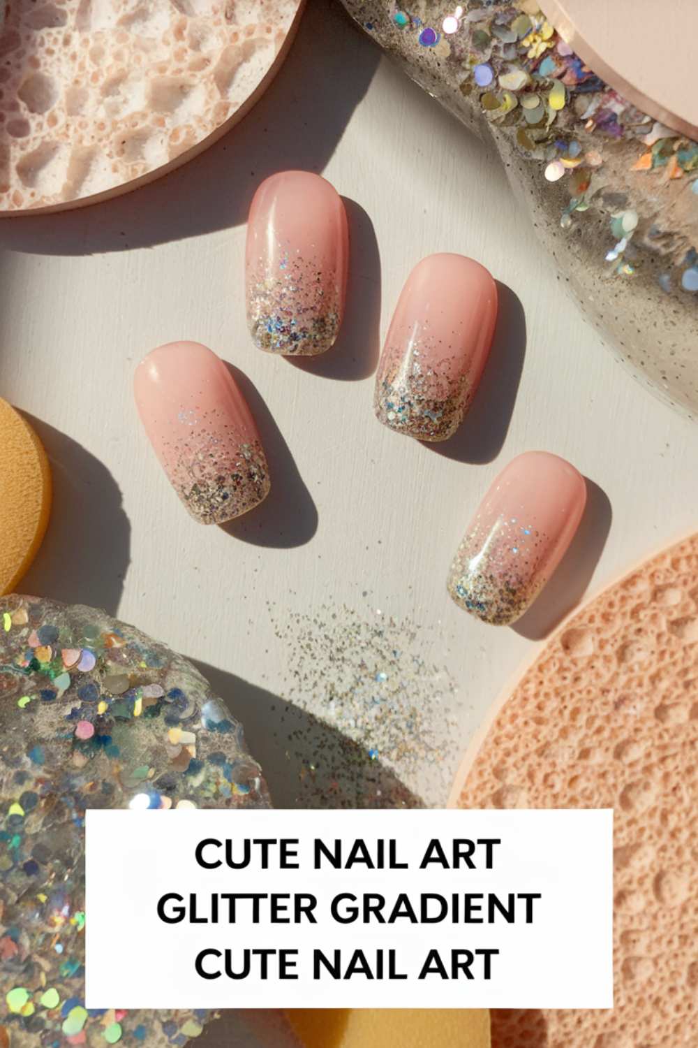 Four almond-shaped nails feature a pink to glitter gradient, set against a textured surface adorned with shimmering decorations. Text reads: Cute Nail Art Glitter Gradient. This charming display captures the essence of cute nail art in sparkling style.