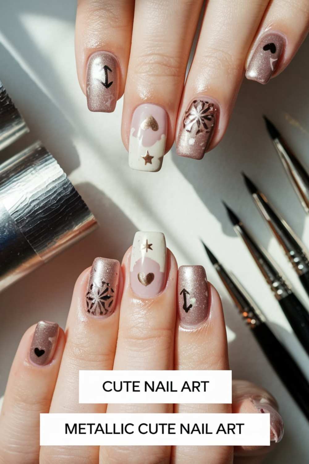 Close-up of hands with cute metallic nail art designs showcasing hearts, stars, arrows, and floral patterns on shiny metallic and cream backgrounds. Brushes and a metallic object are nearby. Text reads “Cute Nail Art” and “Metallic Cute Nail Art.”.