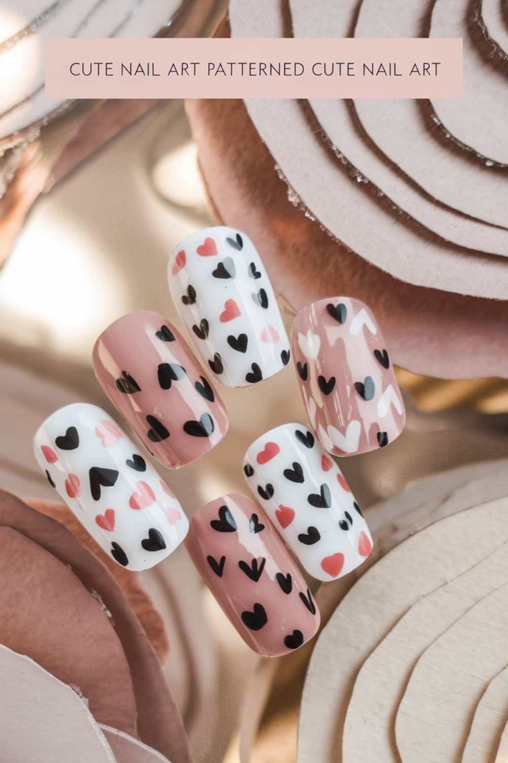 A set of six fake nails displayed on a floral background showcases adorable designs. The nails, adorned with a mix of pink, black, and white hearts alongside abstract patterns, perfectly capture the essence of Cute Nail Art. A label reads Patterned Cute Nail Art.