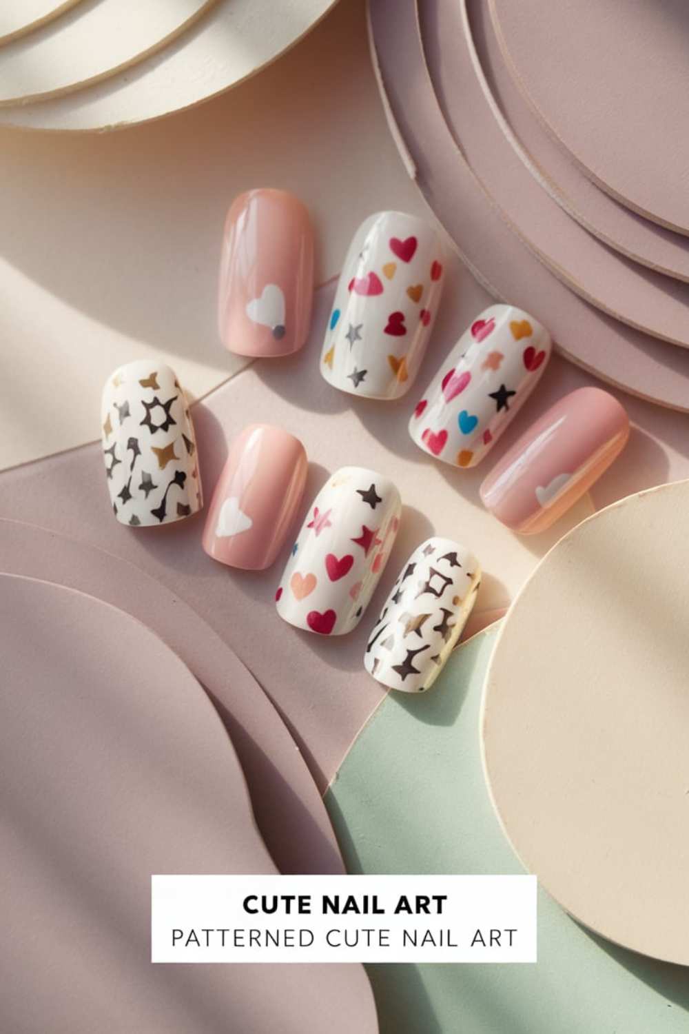 A set of artificial nails is beautifully displayed on a layered pastel background, showcasing designs like hearts, stars, and vibrant patterns. With a blend of nude and white bases, this assortment embodies Cute Nail Art at its finest. The text at the bottom reads Patterned Cute Nail Art.