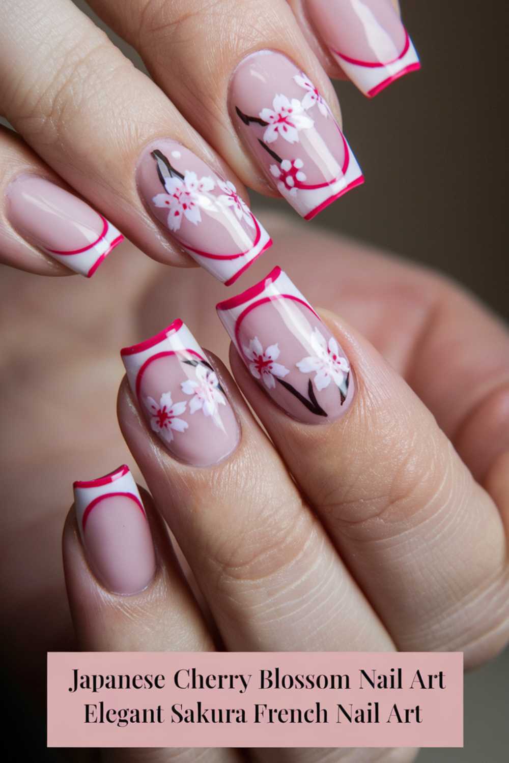 Close-up of a hand with nails featuring Japanese cherry blossom nail art. The design includes pink tips and delicate white flowers with a red border on a nude background. Text at the bottom reads Japanese Cherry Blossom Nail Art Elegant Sakura French Nail Art.