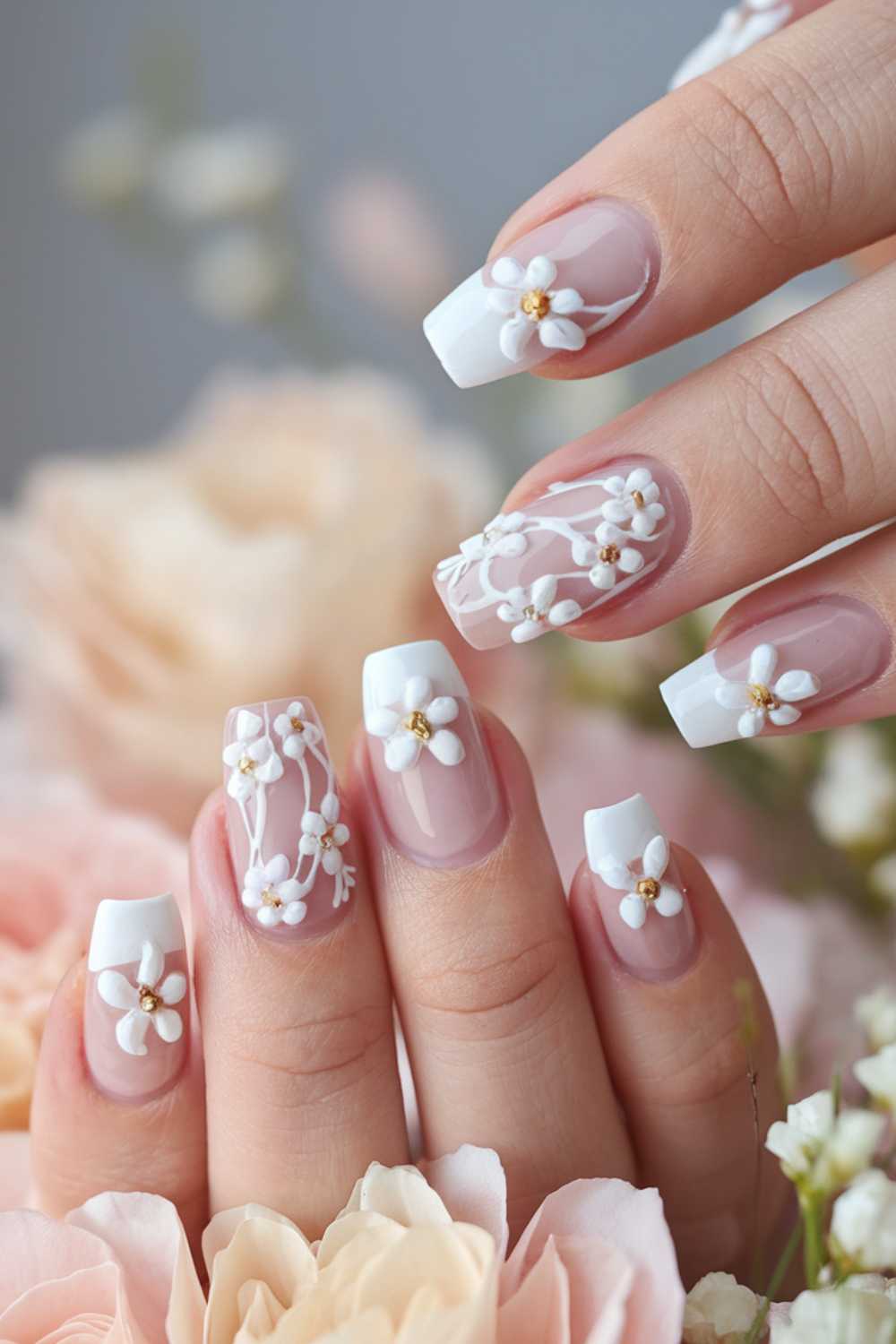 Close-up of a hand with manicured nails featuring intricate white 3D floral designs and French tips. The background shows soft-focus roses in pastel shades, complementing the elegant nail art.