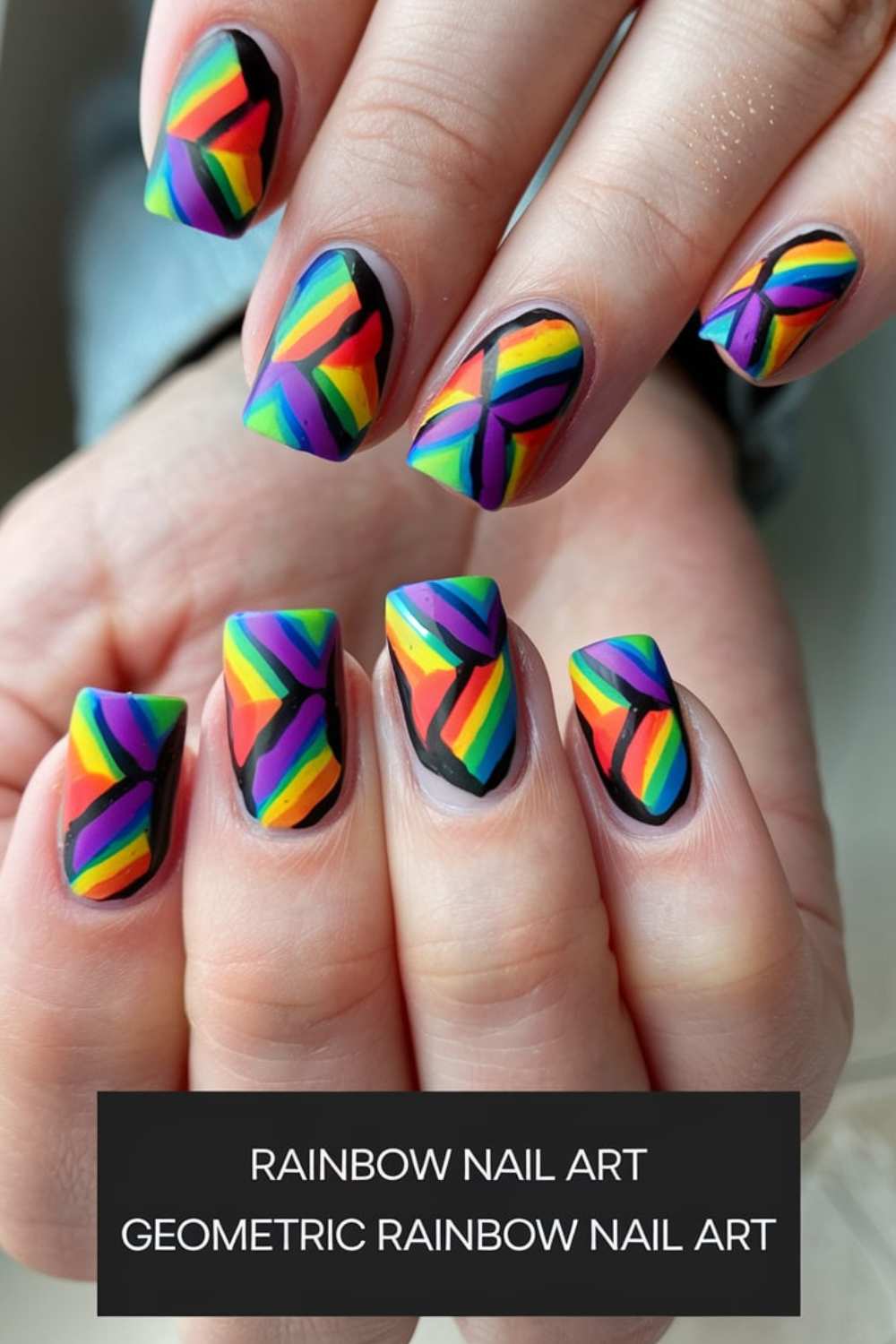 Close-up of hands showcasing geometric rainbow nail art, with vibrant colors in bold, intersecting patterns. A text overlay reads, Experience the magic of Rainbow Nail Art.