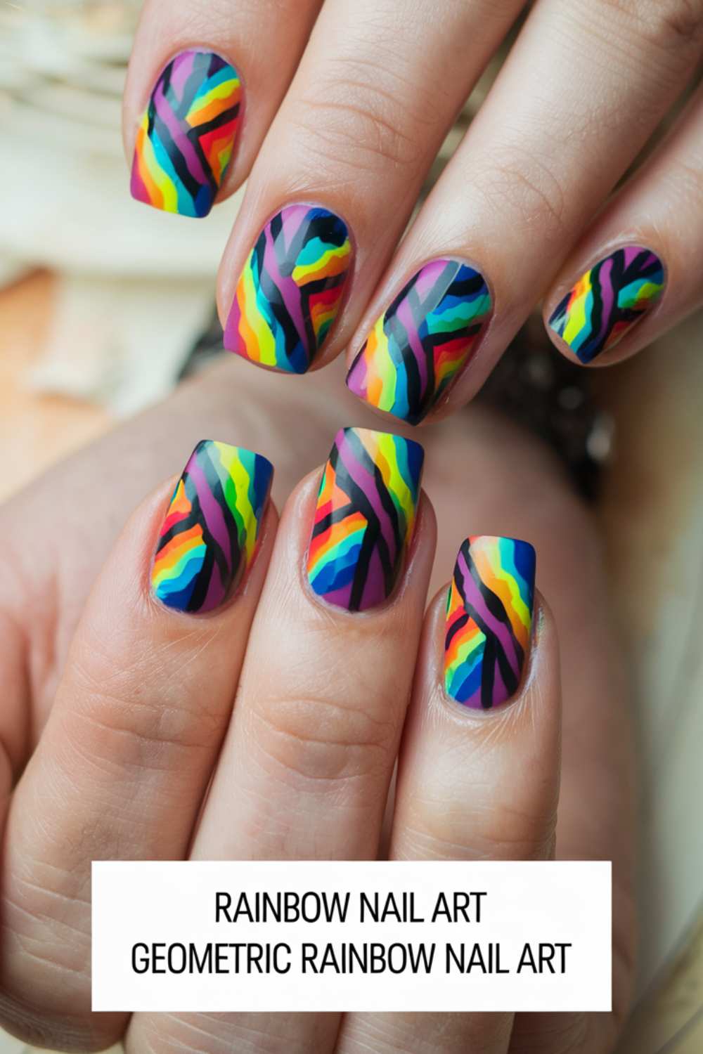 Close-up of hands with nails painted in geometric rainbow patterns. Each nail showcases vibrant stripes like red, yellow, green, and blue, separated by bold black lines. At the bottom, the text reads Rainbow Nail Art, celebrating this dazzling display of color and creativity.