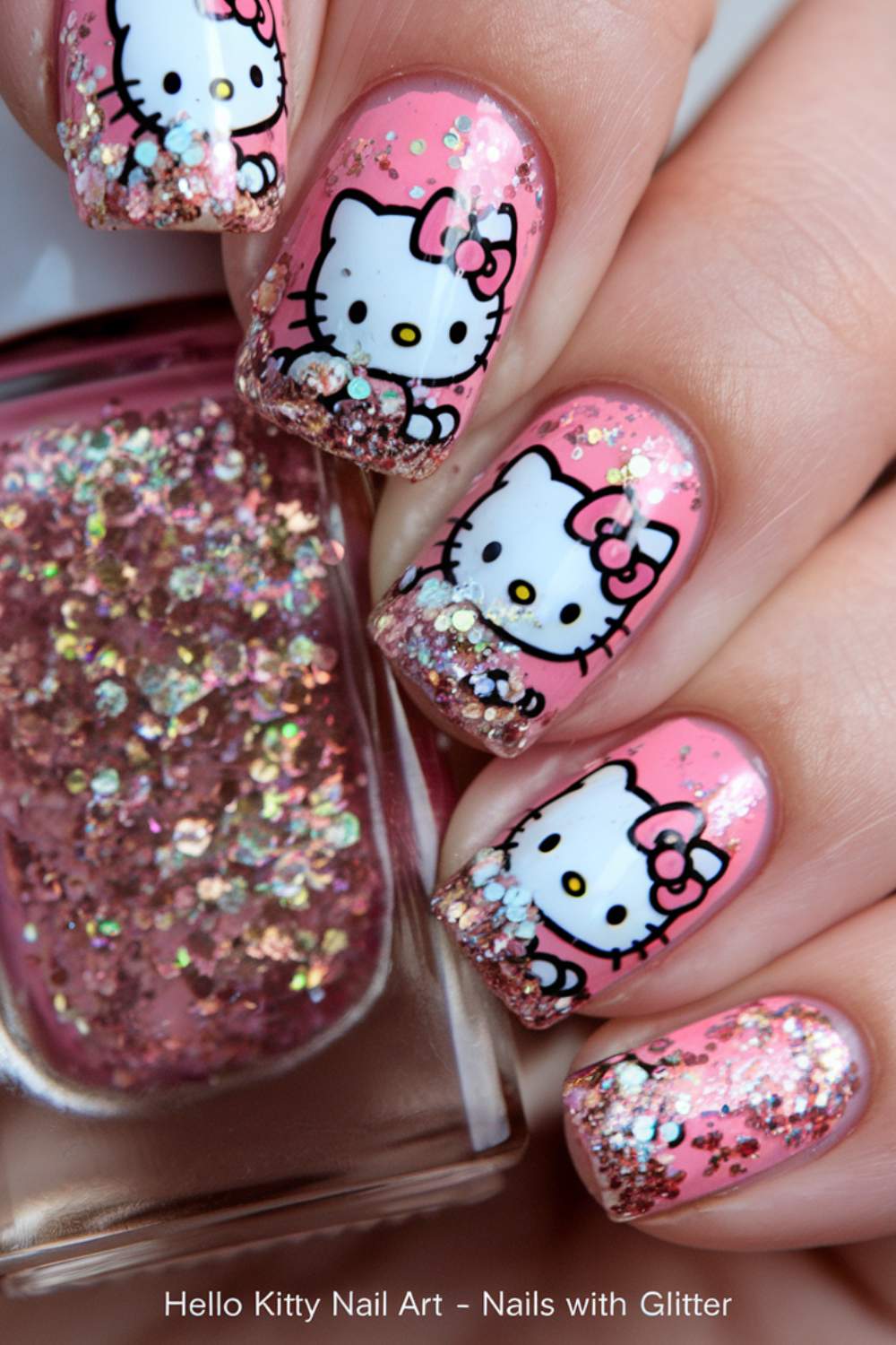 Hello Kitty Inspired Nails arts design with Glitter
