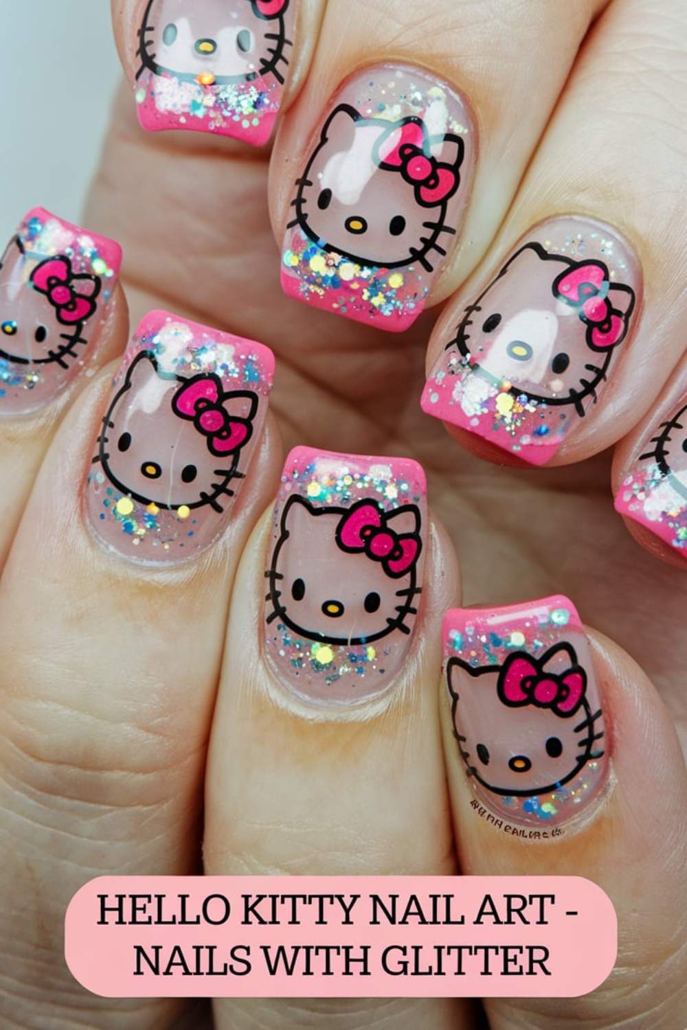 Hello Kitty Inspired Nails arts with Glitter