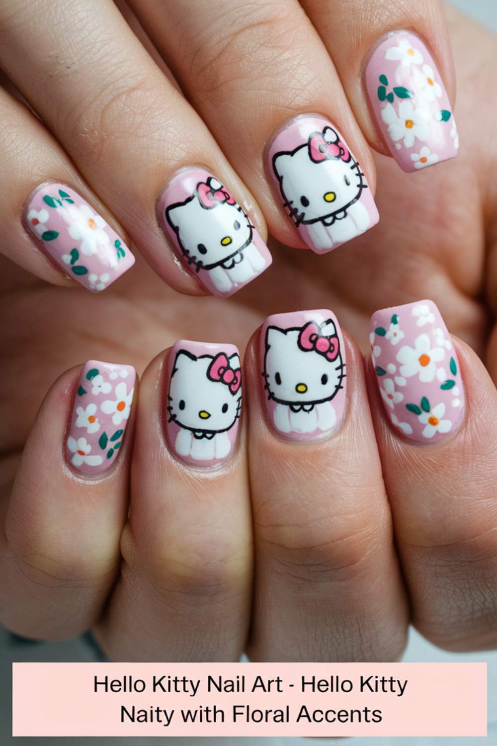 Hello Kitty with Floral Accents nail arts ideas