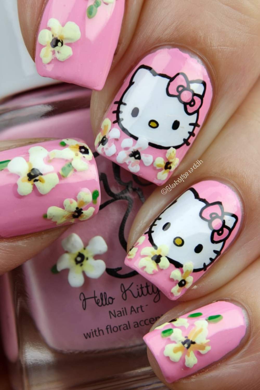 Hello Kitty with Floral Accents nail arts