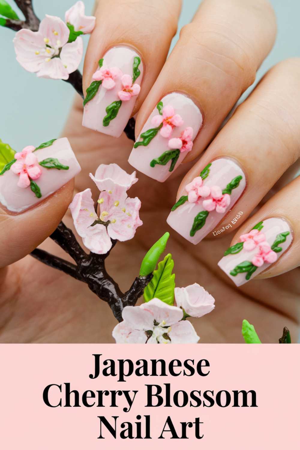 A hand with nail art featuring pink cherry blossoms and green leaves on a light background, holding a small branch with artificial cherry blossoms. The text below reads Japanese Cherry Blossom Nail Art.