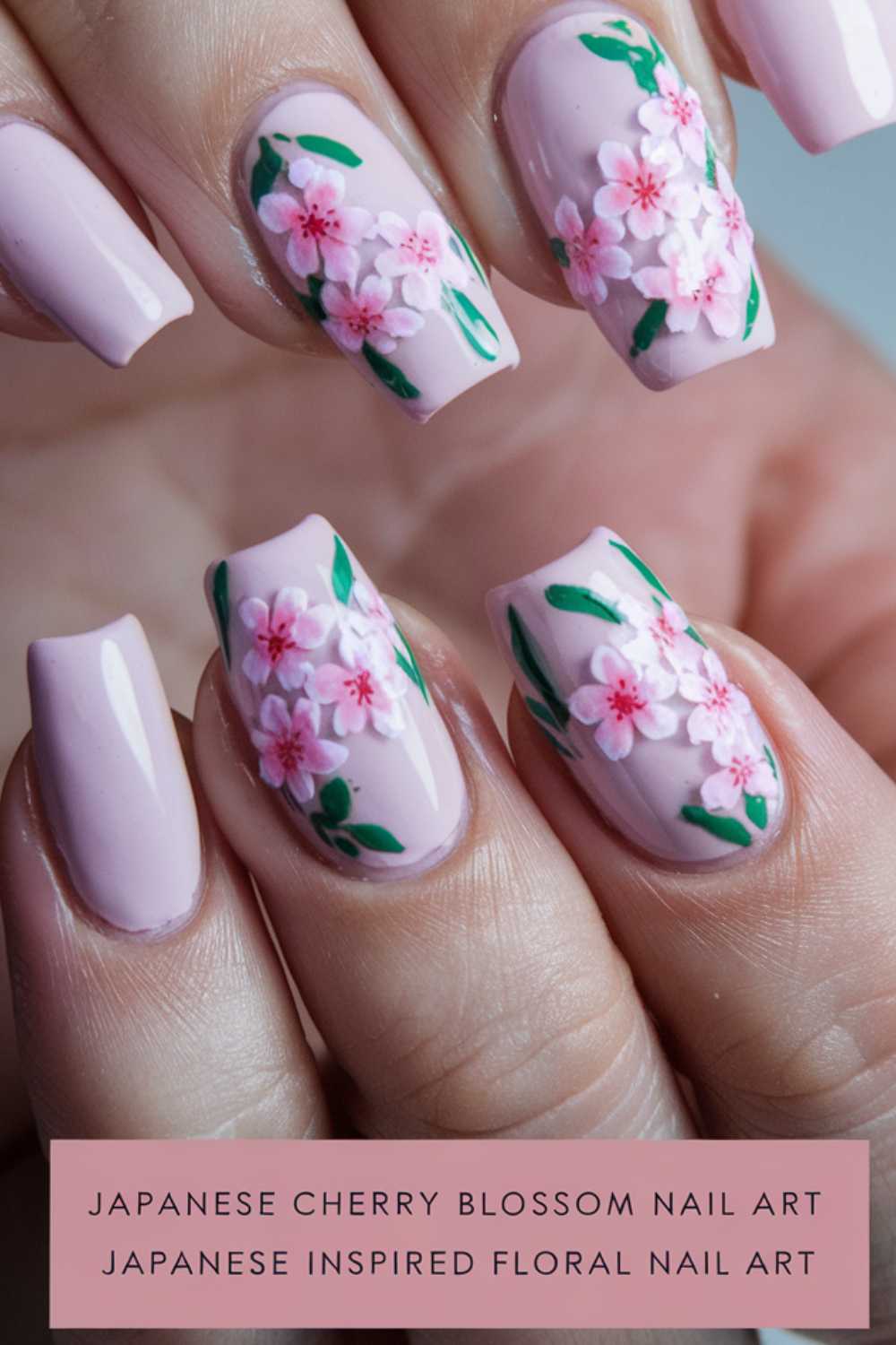 Close-up of hands with nails painted in light pink polish, featuring intricate Japanese cherry blossom nail art. The blossoms are delicately painted with shades of pink and green leaves. A caption reads, Japanese Cherry Blossom Nail Art.