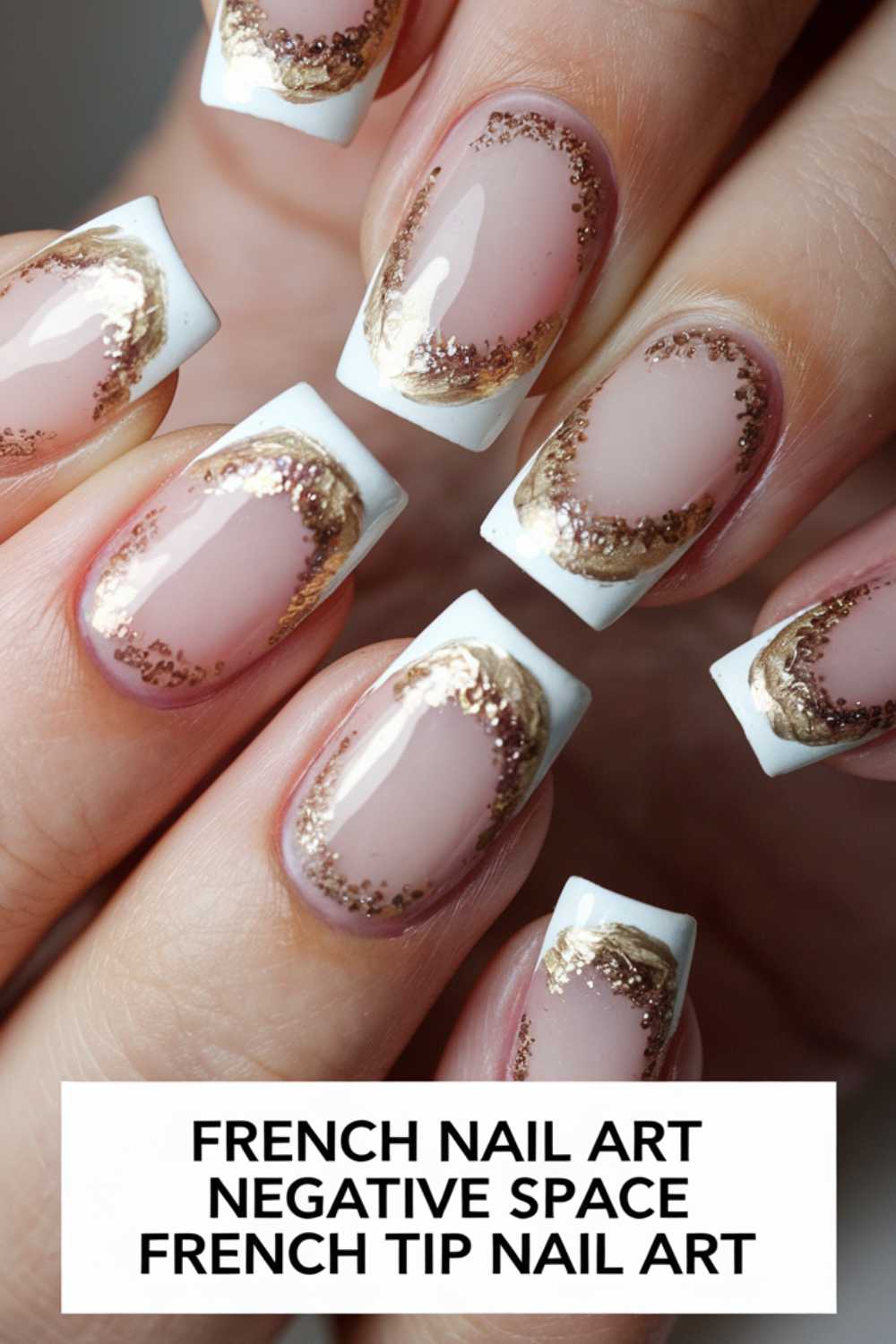 Close-up of a hand with nails featuring a French tip manicure. The design includes white tips and gold glitter accents near the cuticles, creating a negative space effect. The text reads, French Nail Art, Negative Space, French Tip Nail Art.