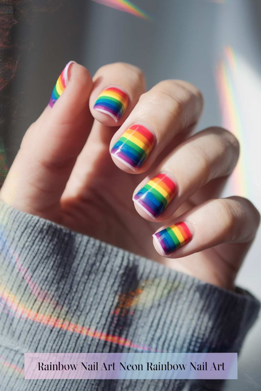 Close-up of a hand showcasing rainbow-striped nail art on each fingernail. The person wears a gray sweater, and soft lighting creates a subtle reflection of the vibrant Rainbow Nail Art on the fabric.