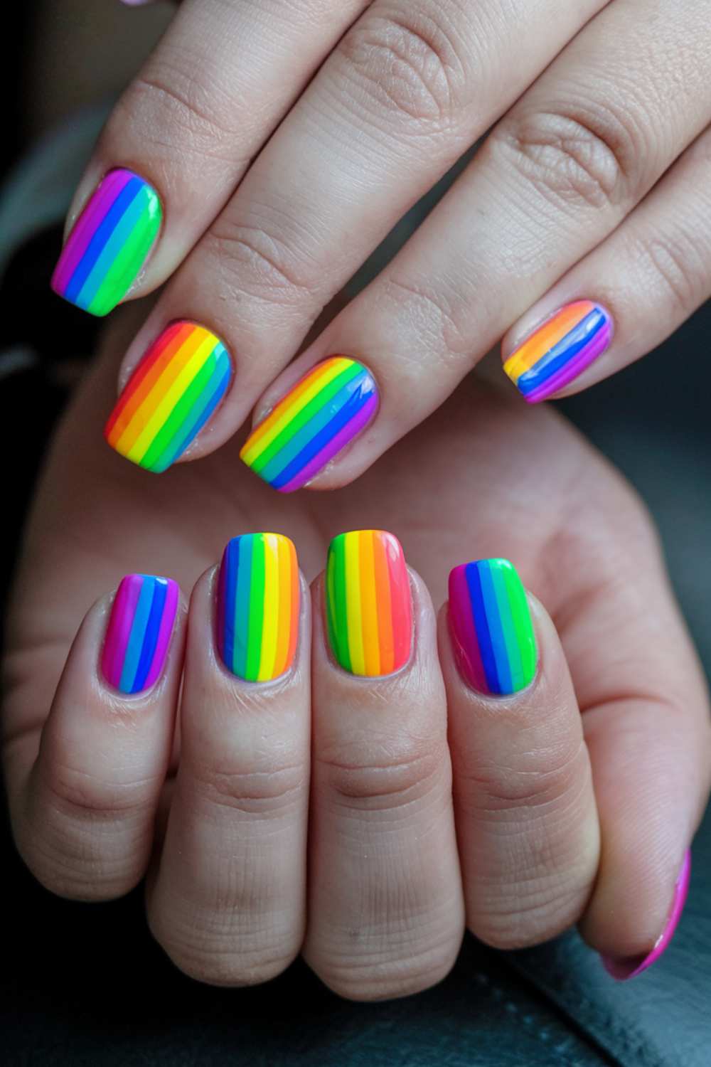A mesmerizing close-up reveals hands adorned with rainbow nail art, each finger showcasing vibrant stripes in a dazzling spectrum. The blurred background perfectly accentuates the brilliance of this colorful masterpiece.