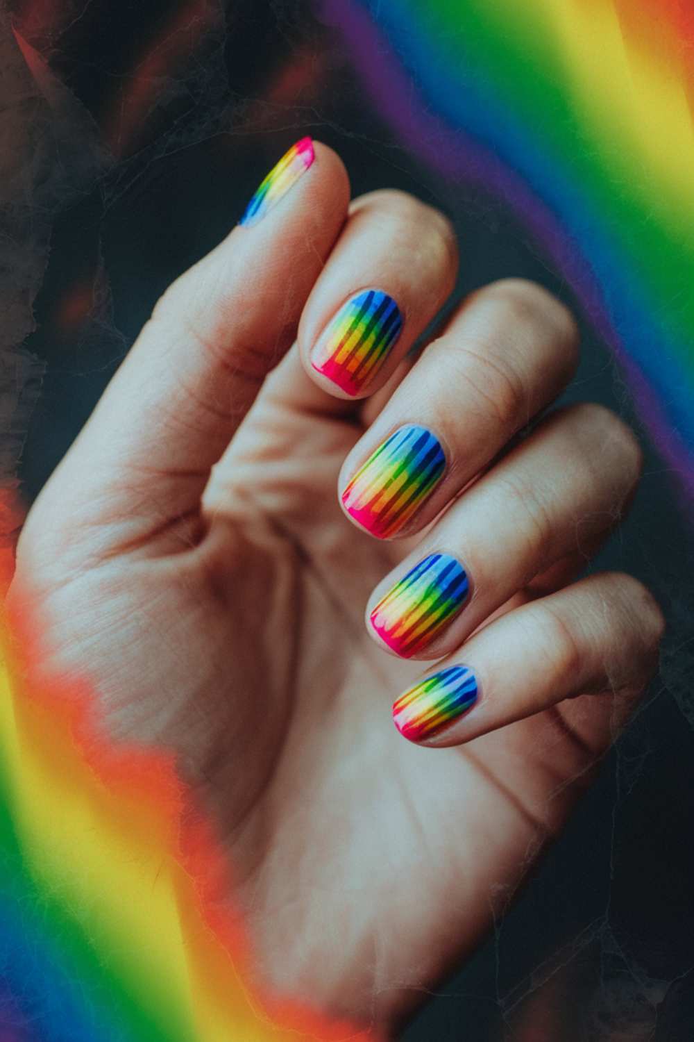 Close-up of a hand showcasing Rainbow Nail Art with vibrant vertical stripes, set against a background of blurred rainbow shades that perfectly complement the nails.