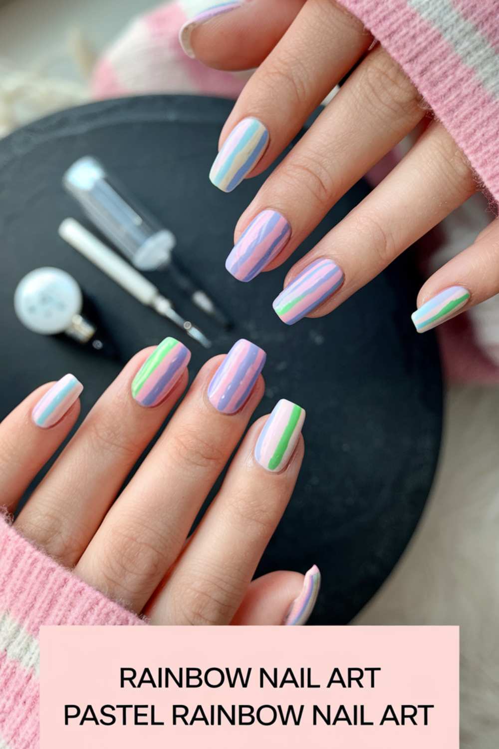 Close-up of hands showcasing dazzling rainbow nail art with pastel stripes. Nails feature shades of pink, blue, green, and purple. The person is wearing a pink striped sweater. Nail tools and polish are visible in the blurred background.