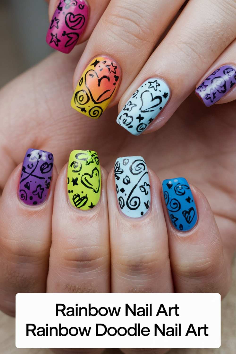 Close-up of hands showcasing rainbow nail art. Each nail flaunts a different vibrant hue—pink, yellow, white, purple, blue—with black doodles of hearts, stars, and swirls. Caption reads, Rainbow Nail Art: A Burst of Color and Creativity.