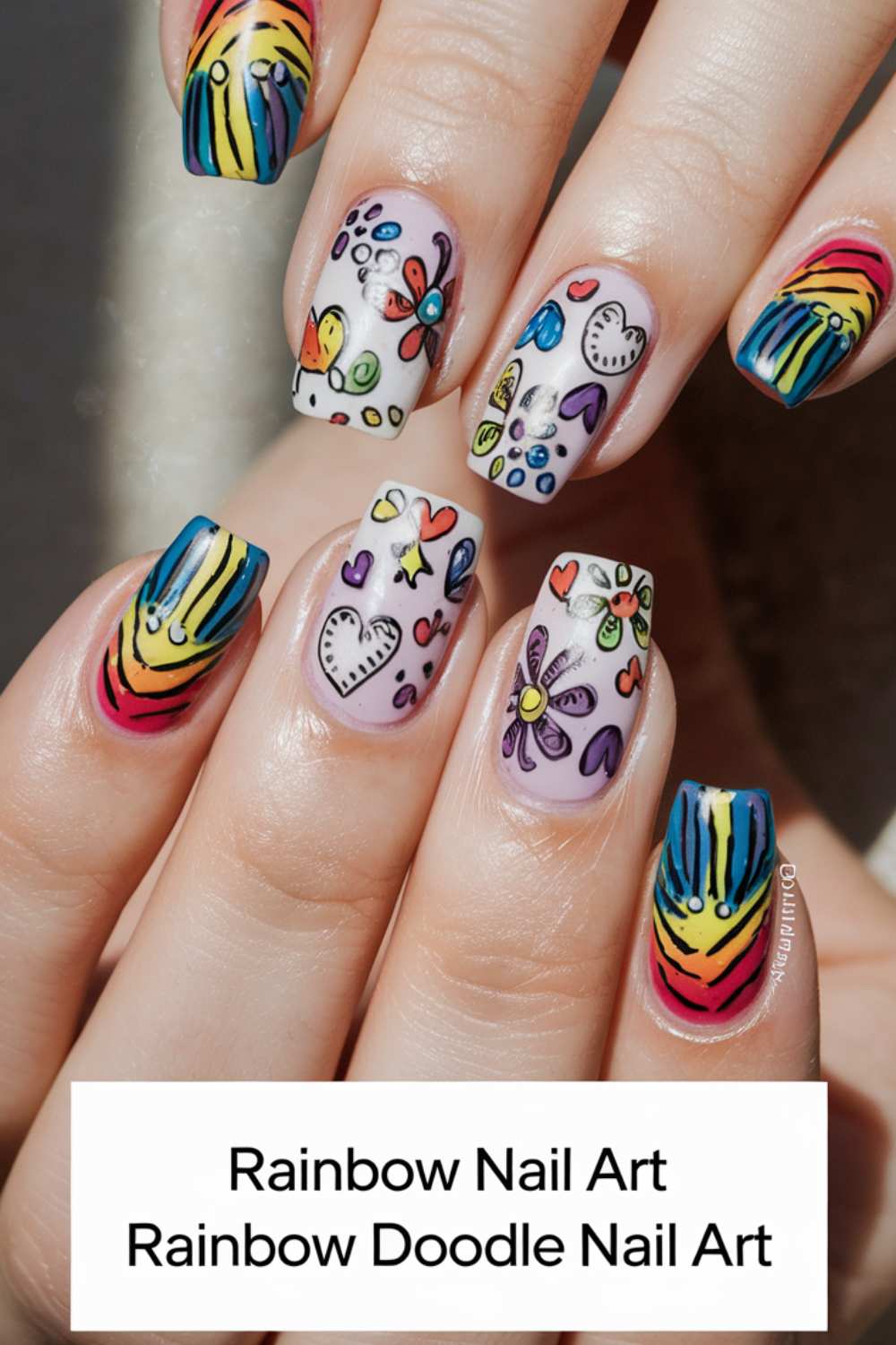 Close-up of hands showcasing vibrant Rainbow Nail Art. Nails feature whimsical doodle designs with hearts, flowers, and rainbows on a crisp white base. Text at the bottom reads: Rainbow Nail Art Rainbow Doodle Nail Art.