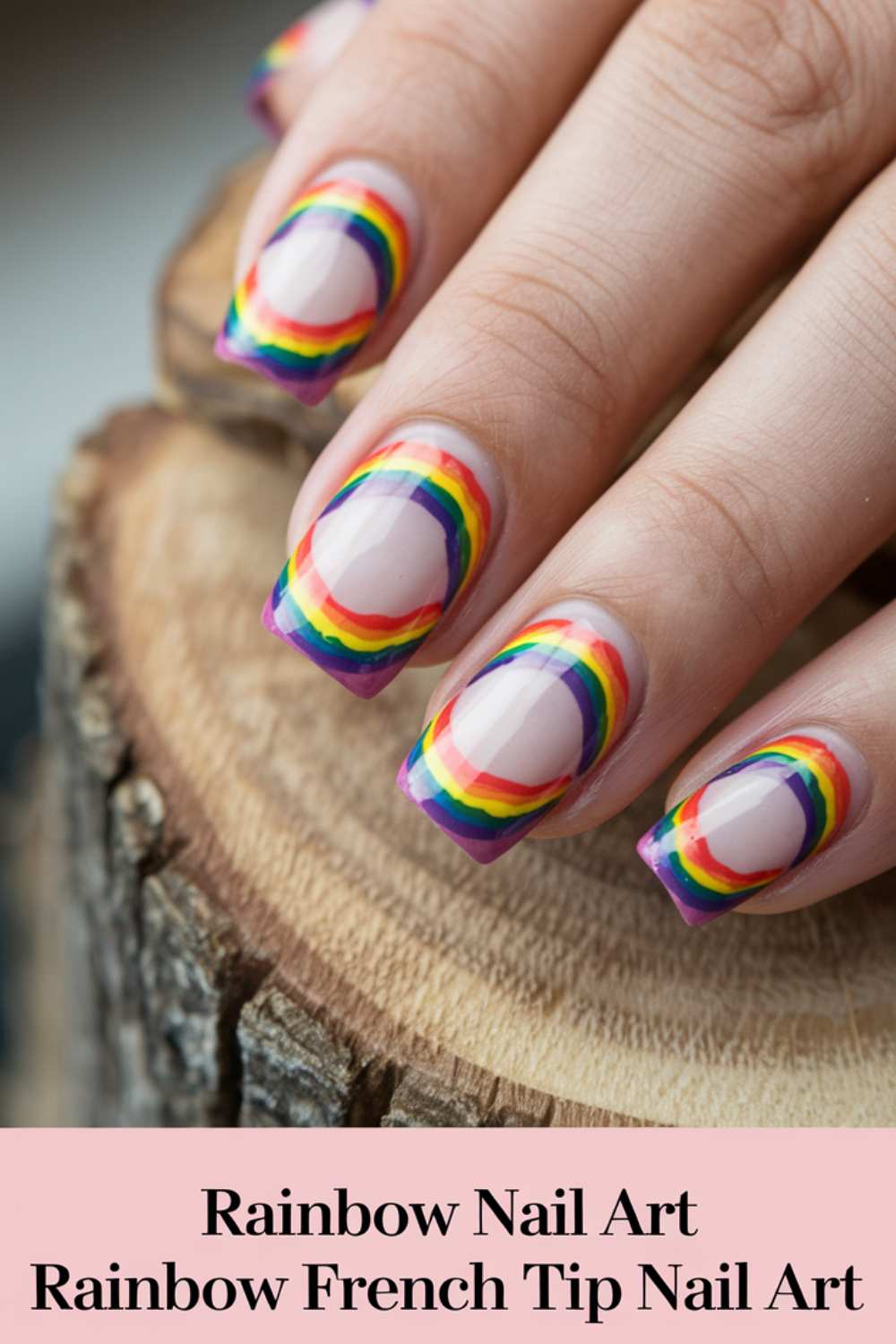 A close-up of a hand showcasing rainbow-themed French tip nail art. Each nail features vibrant, curved stripes at the tips, resembling a rainbow. The hand rests on a piece of wood with the text: Rainbow Nail Art, Rainbow French Tip Nail Art prominently displayed.
