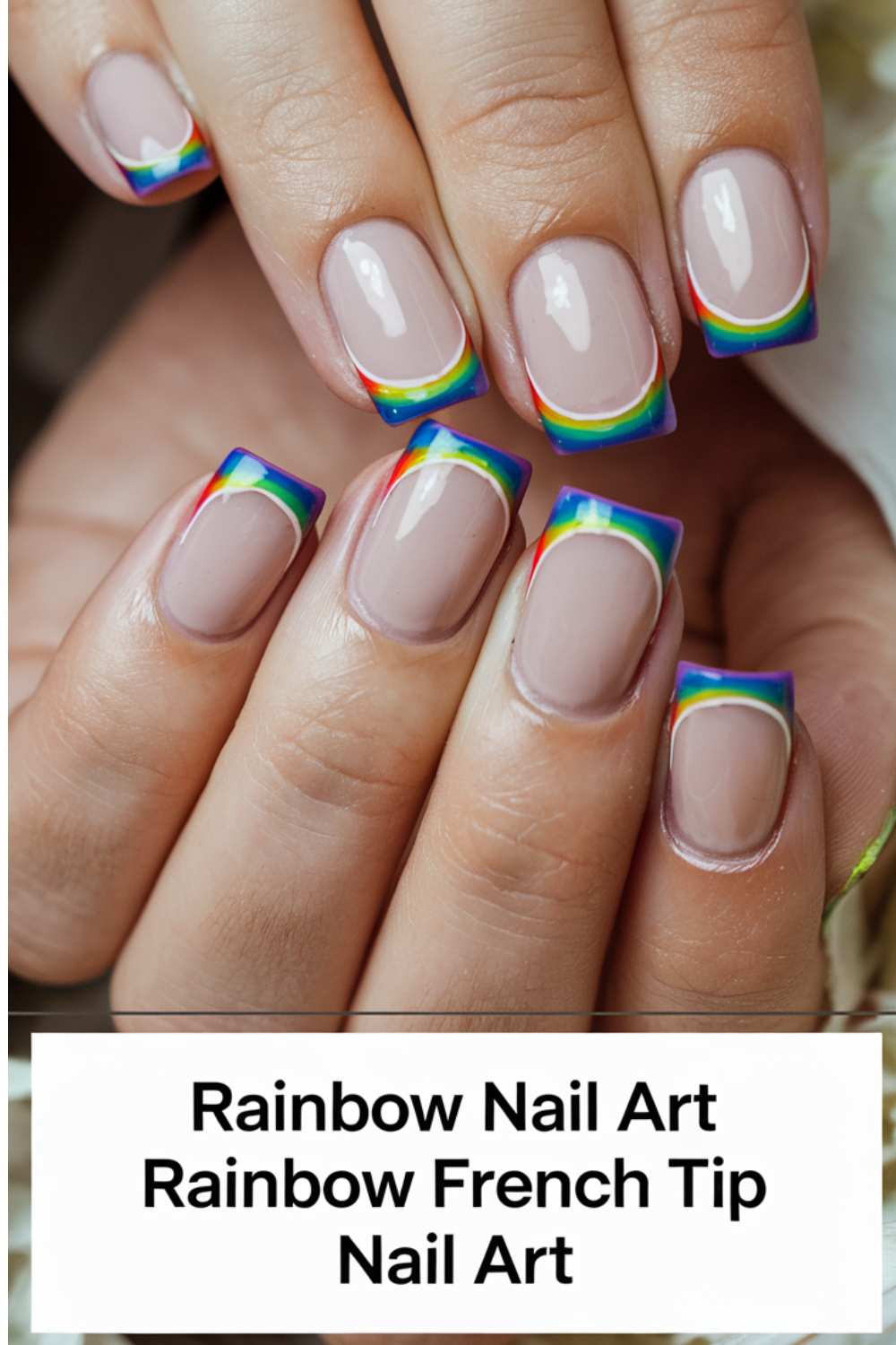 Close-up of hands showcasing Rainbow Nail Art with rainbow-colored French tips. The nails boast a glossy finish, featuring vibrant shades of red, orange, yellow, green, blue, and purple at the tips.