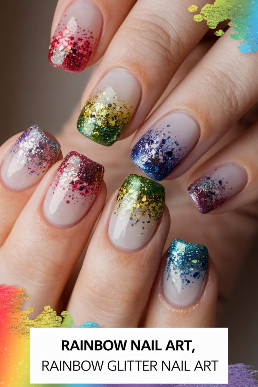 A close-up showcases hands adorned with stunning rainbow glitter nail art. Each nail dazzles with gradients of shimmering colors: red, pink, green, yellow, blue, and purple. Text below proudly declares Rainbow Nail Art.