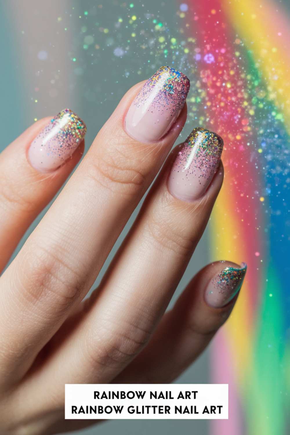 A hand with nails showcasing pink and glittery rainbow French tips, embodying the essence of Rainbow Nail Art. The background is a vibrant, blurred rainbow gradient.