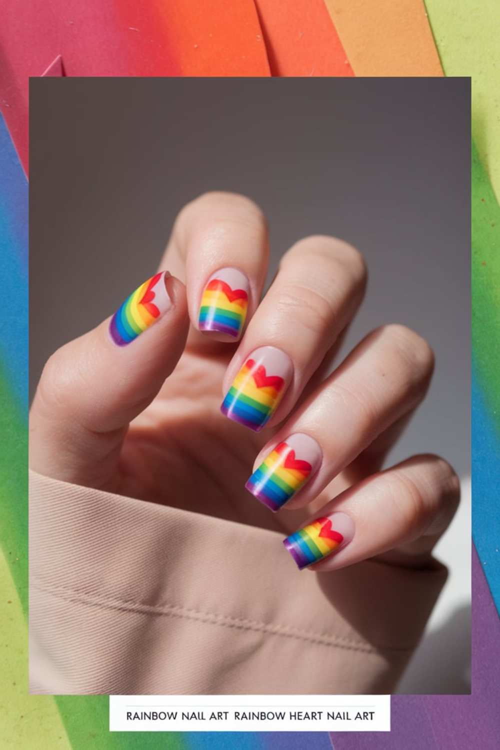 Close-up of a hand adorned with vibrant rainbow nail art against a colorful background. The nails boast rainbow stripes and heart designs, while the hand is partially wrapped in a beige sleeve.