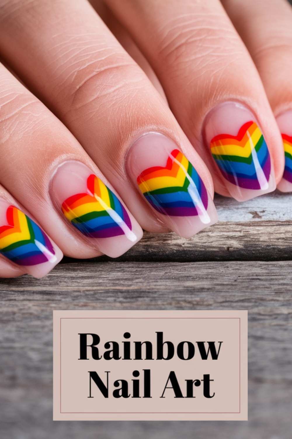 A close-up reveals a hand with dazzling rainbow-striped nail art in a chevron pattern. Rainbow Nail Art is elegantly inscribed below, while the nails rest gracefully on a wooden surface.