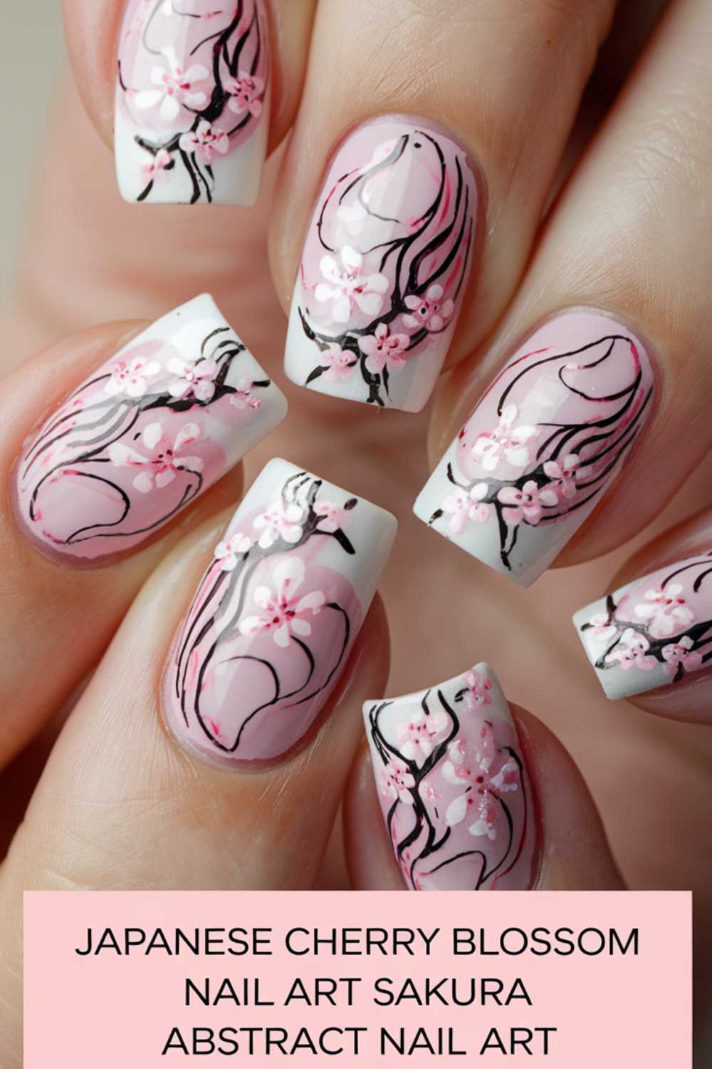 Close-up of nails with Japanese cherry blossom art. The design features pink blossoms and black abstract lines on a white and light pink background. Text at the bottom reads: Japanese Cherry Blossom Nail Art Sakura Abstract Nail Art.