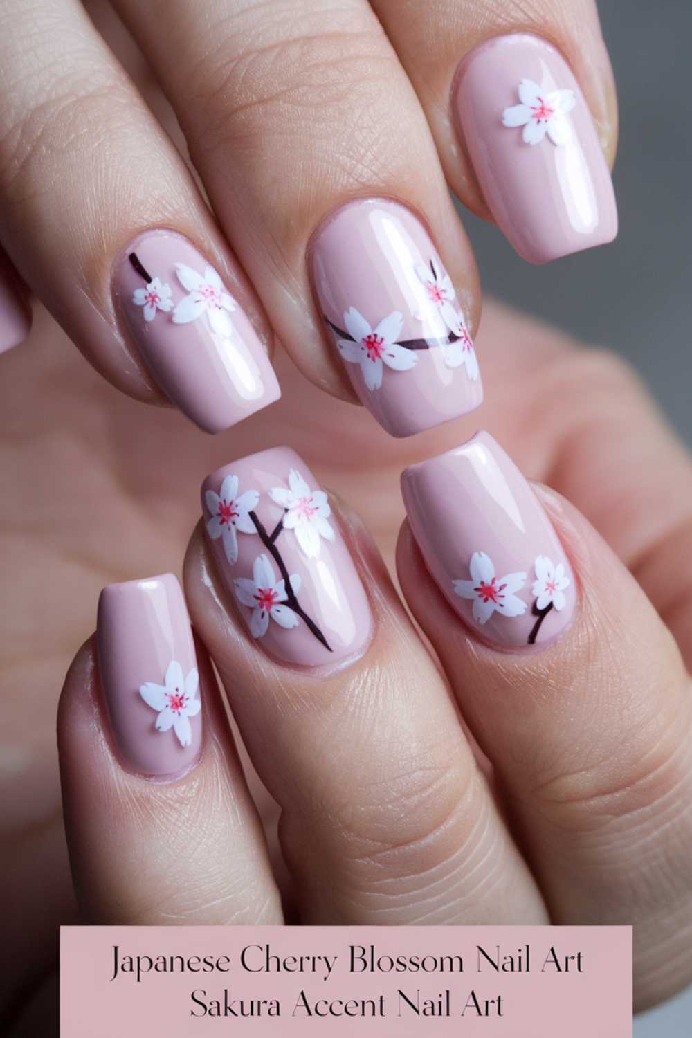 Close-up of hands displaying glossy, light pink nails decorated with Japanese cherry blossom art. Each nail features delicate white and pink sakura flowers with dark branches, creating a cohesive, elegant look.